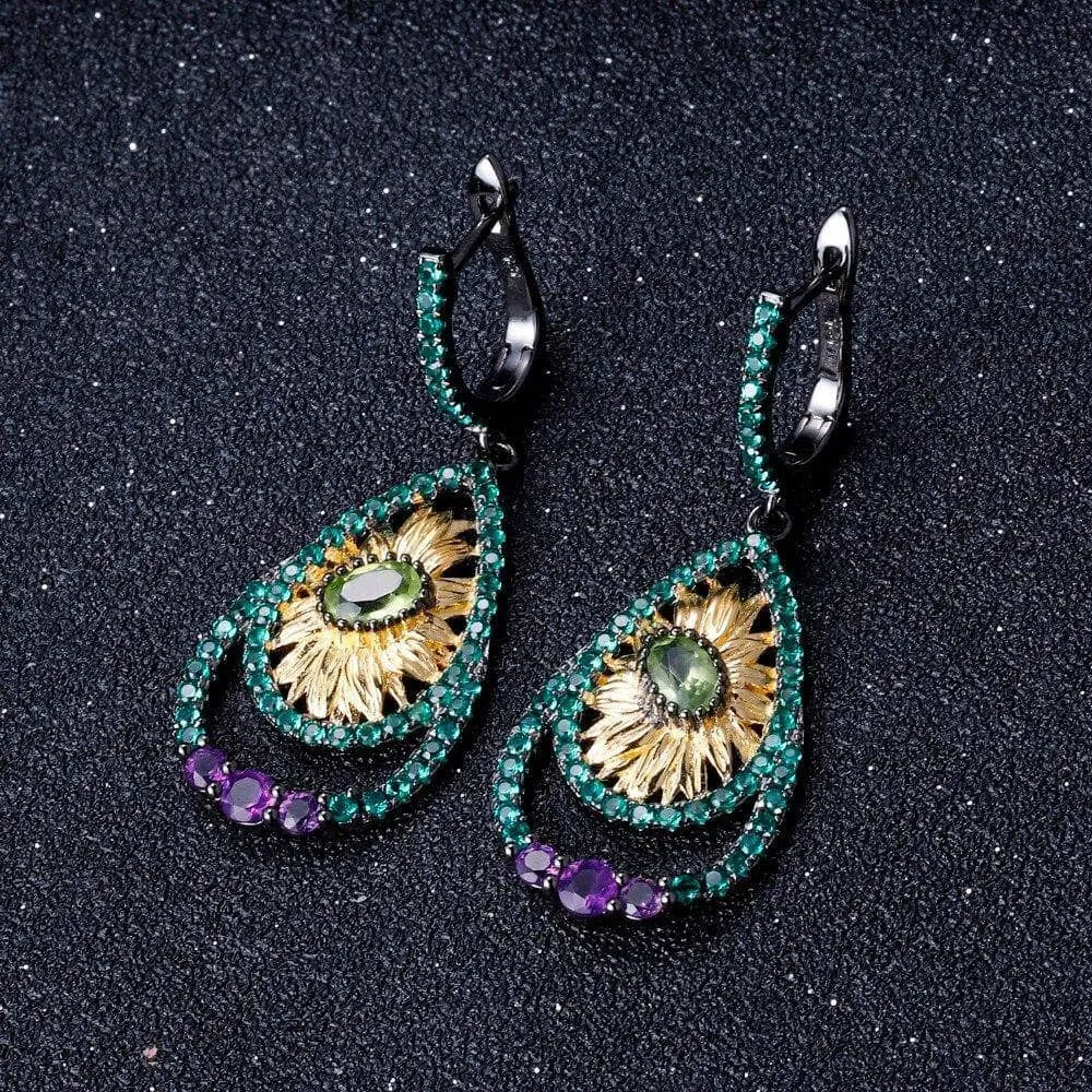 1.03Ct Natural Peridot Sunflower Drop Earrings