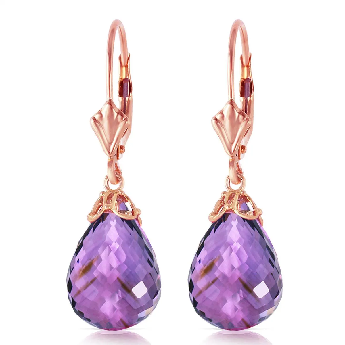 14 Carat 14K Solid Rose Gold Leverback Earrings Briolette Amethyst