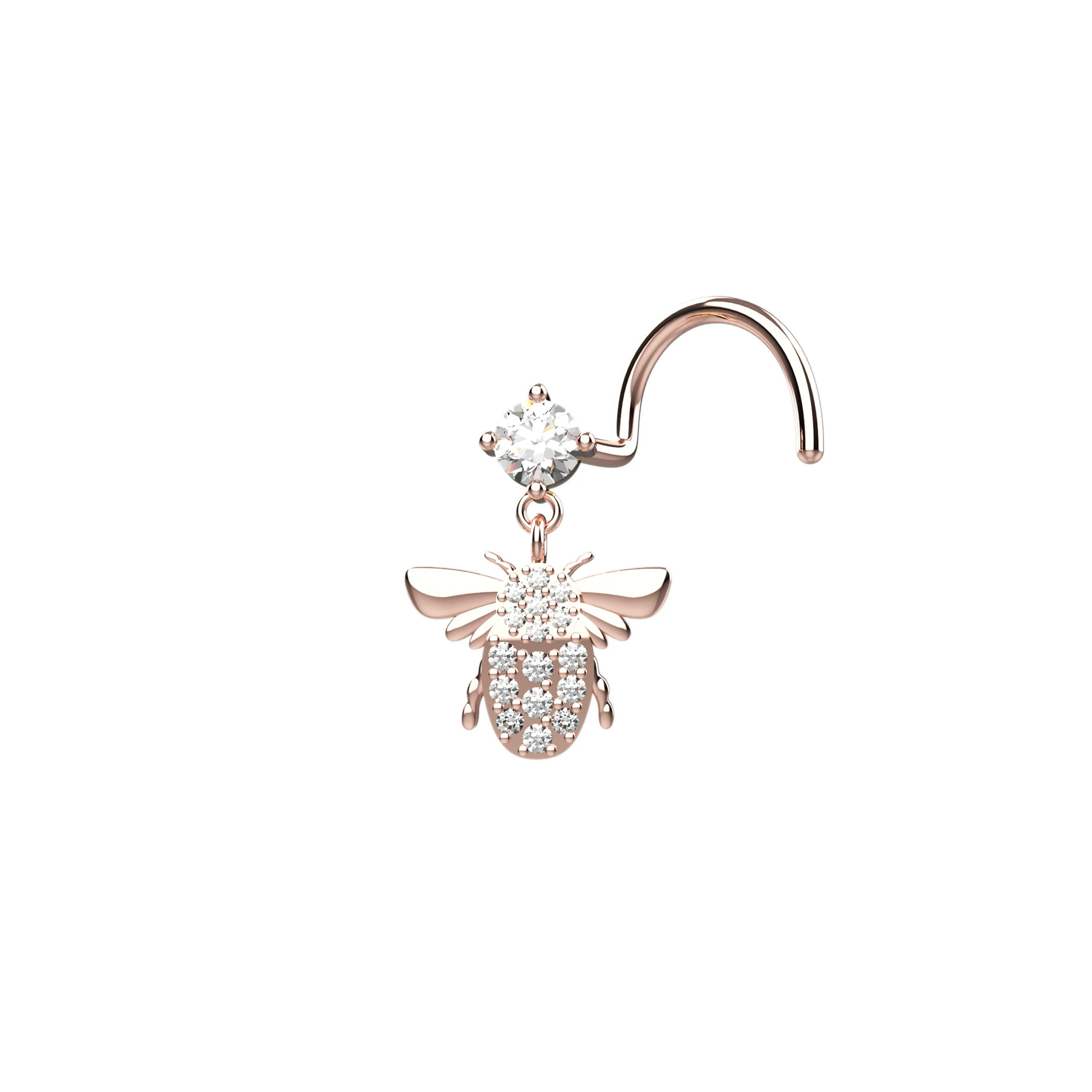 14k Gold Dangle Nose Ring & Honey Bee Nose Stud Piercing Jewelry