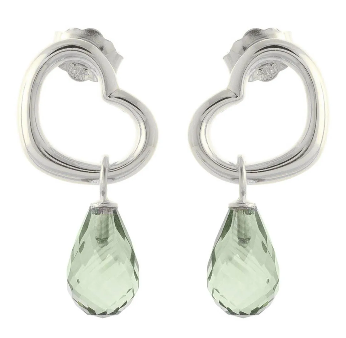 14K Solid White Gold Heart Earrings w/ Dangling Natural Green Amethysts