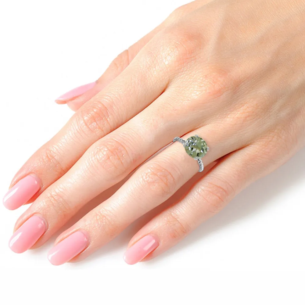 14K Solid White Gold Ring Natural 12 mm Round Green Amethyst