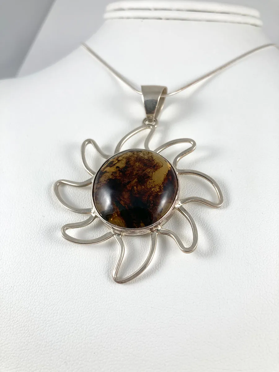 Amber & Sterling Silver Sun Pendant