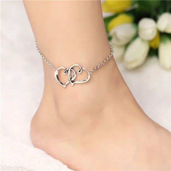 Anklet double heart link silver colour