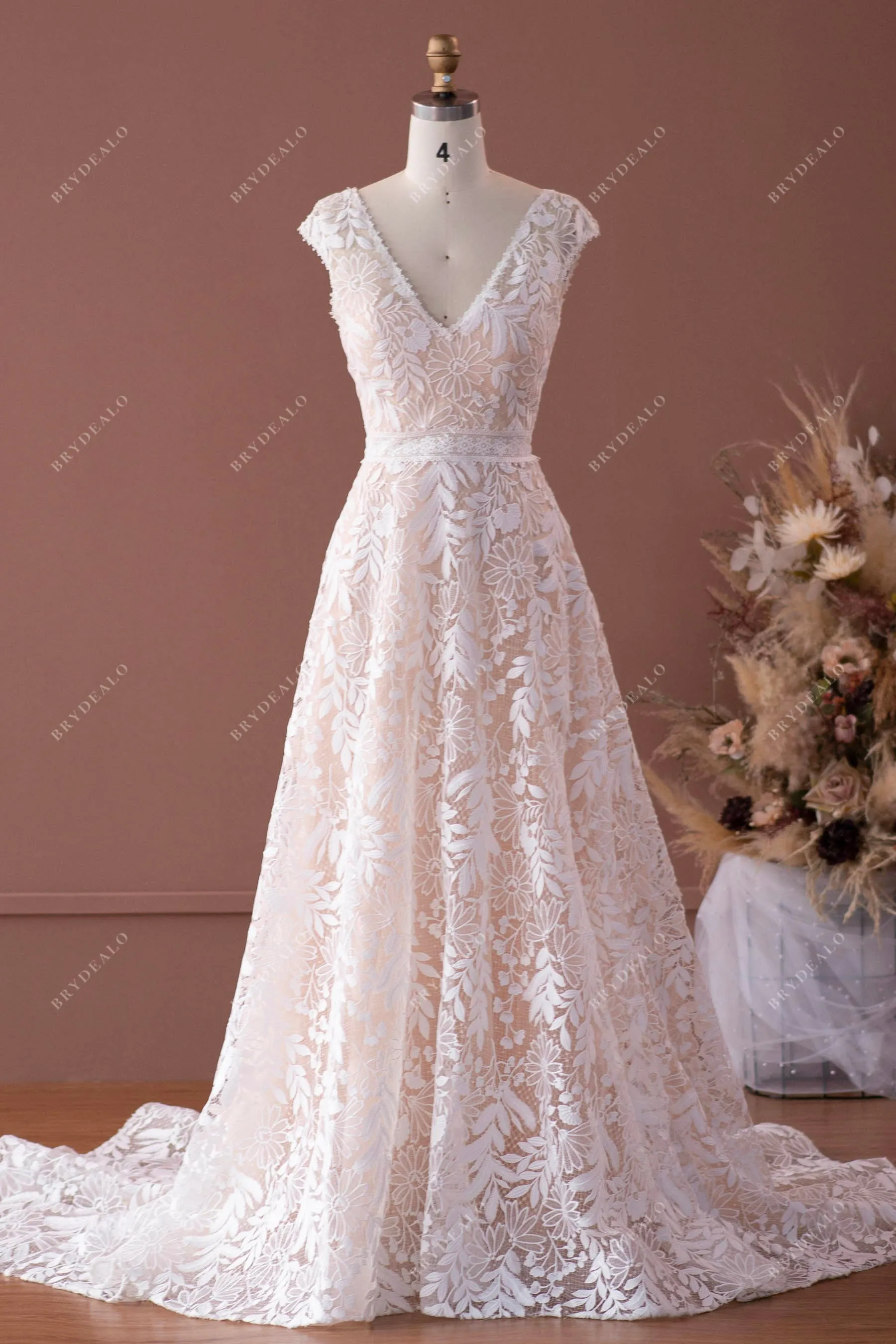 Cap Sleeve A-line Wedding Dress with Venise Lace