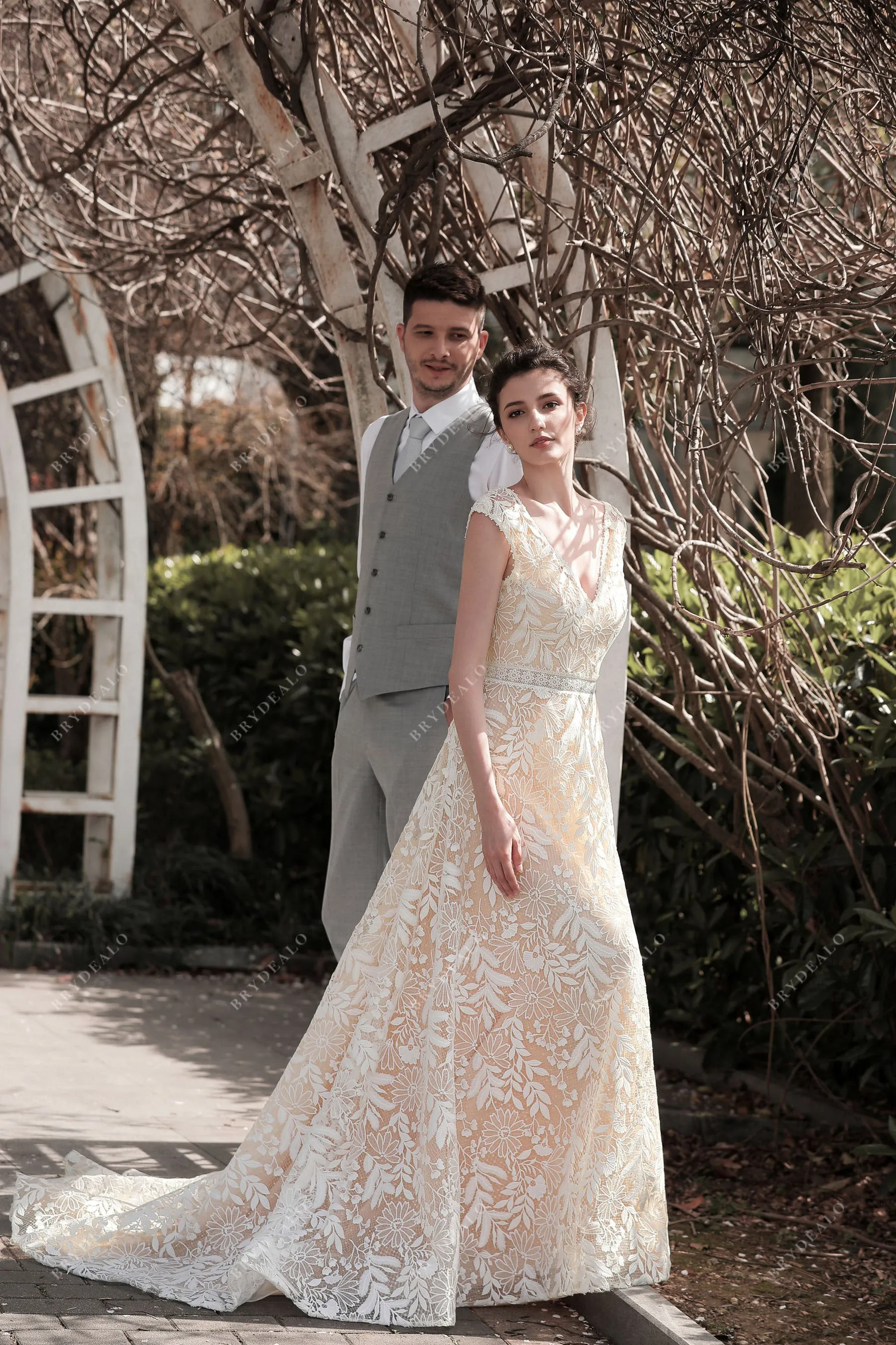 Cap Sleeve A-line Wedding Dress with Venise Lace