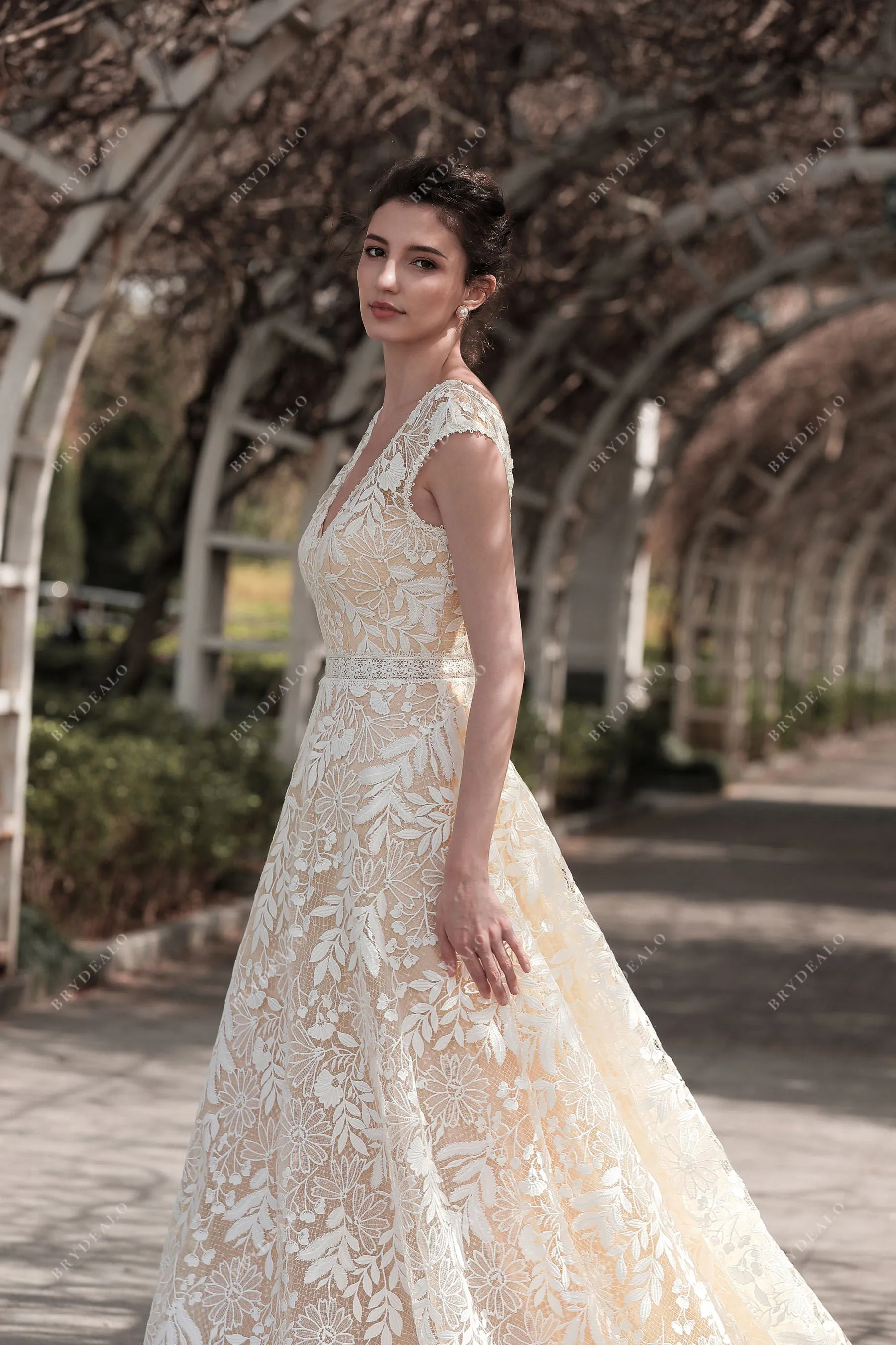 Cap Sleeve A-line Wedding Dress with Venise Lace