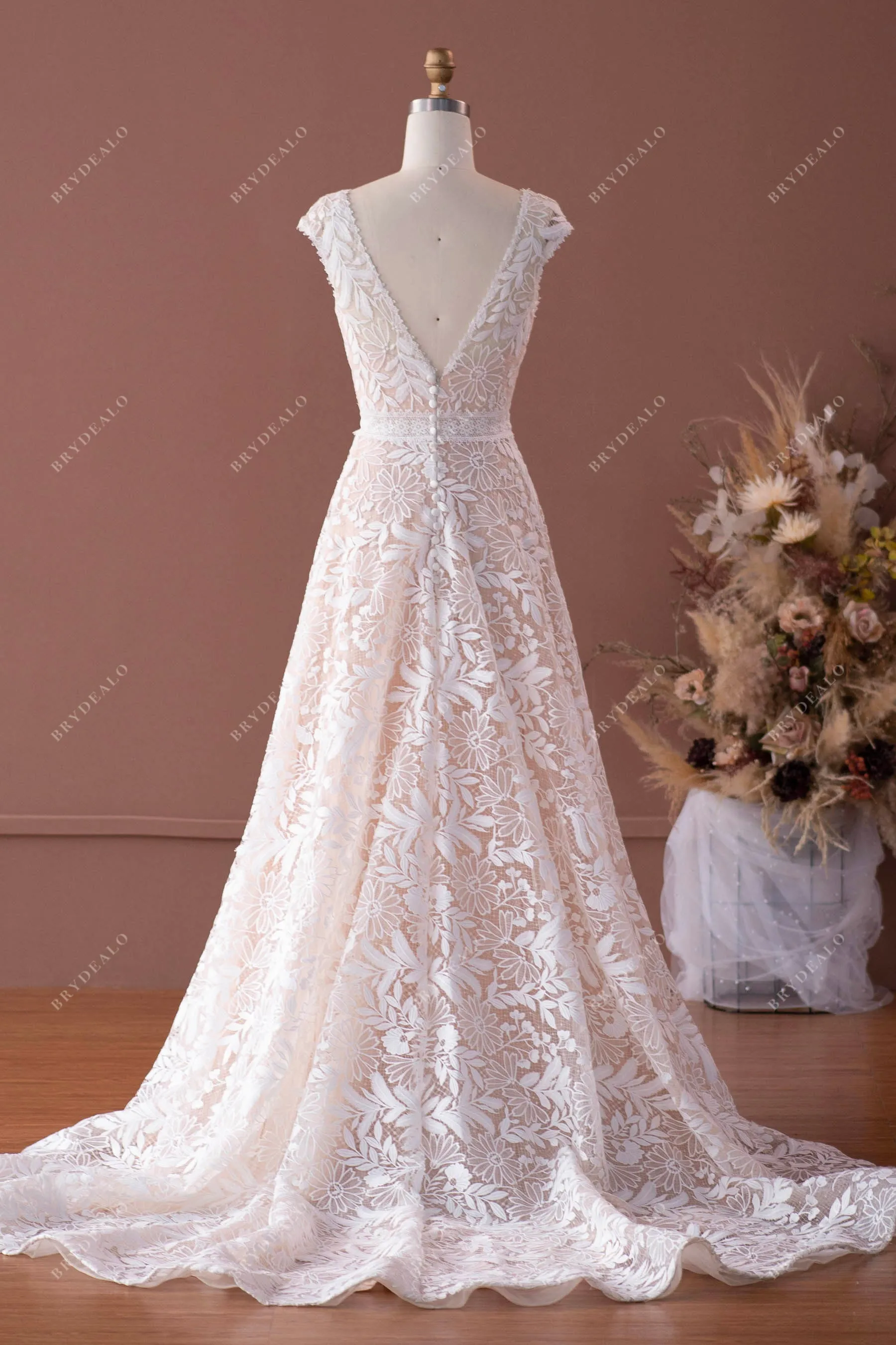 Cap Sleeve A-line Wedding Dress with Venise Lace