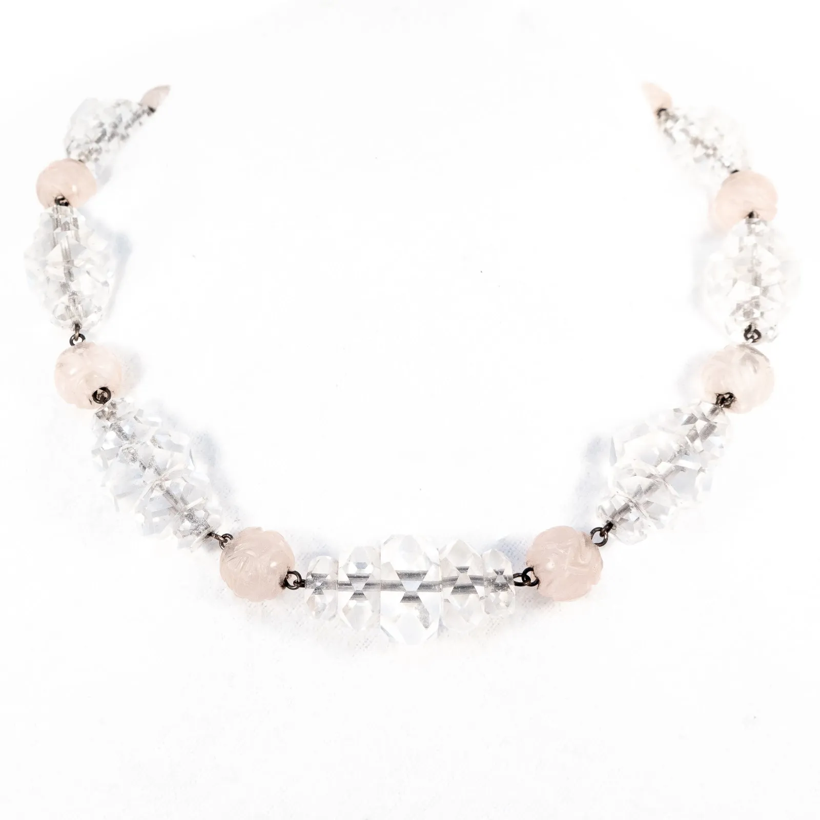 Carved Rose Quartz and Crystal Necklace