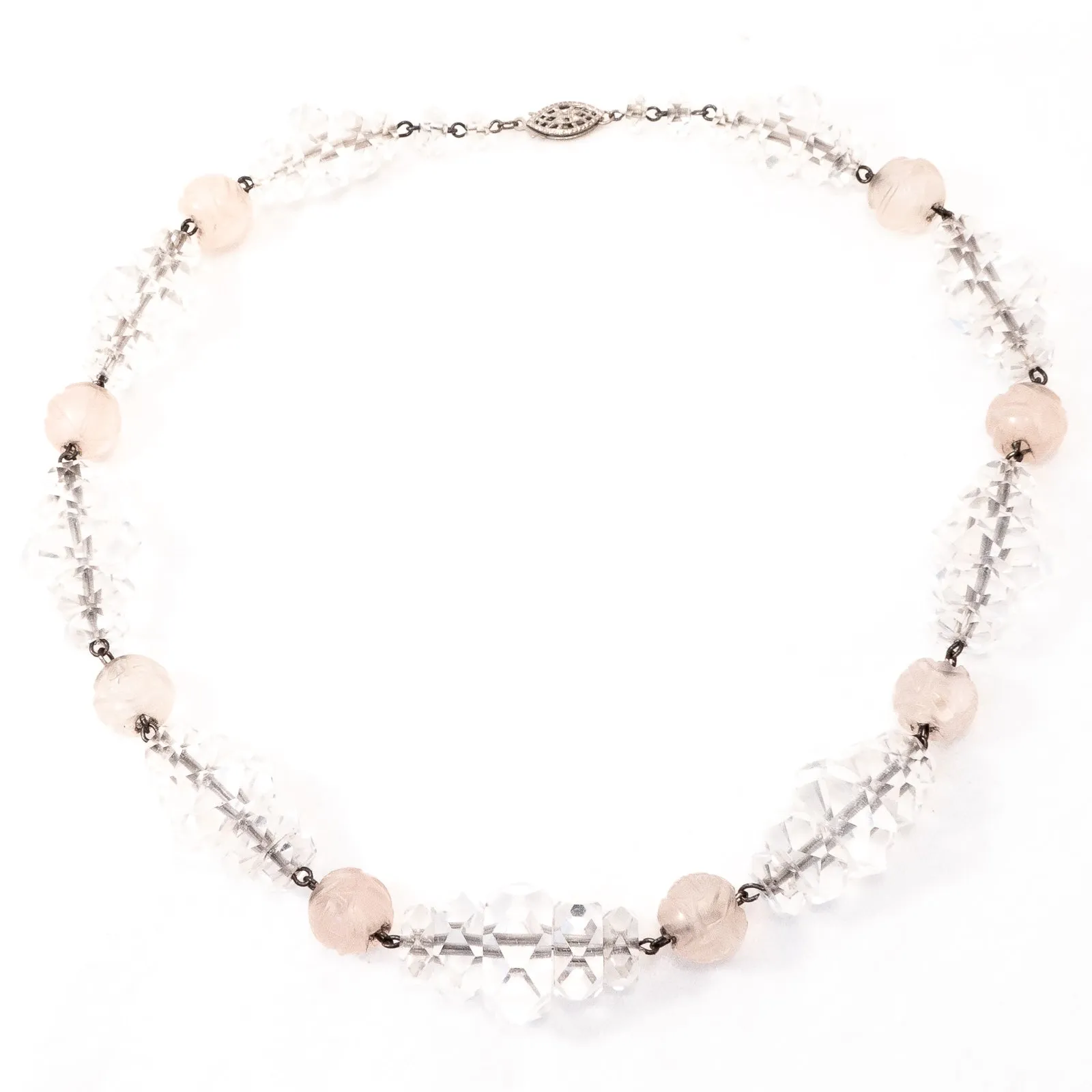 Carved Rose Quartz and Crystal Necklace