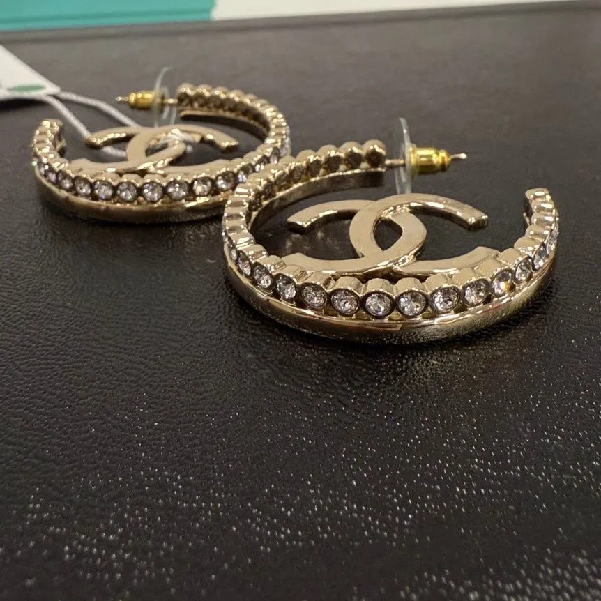 Chanel Gold Rhinestone Hoop Post Earrings