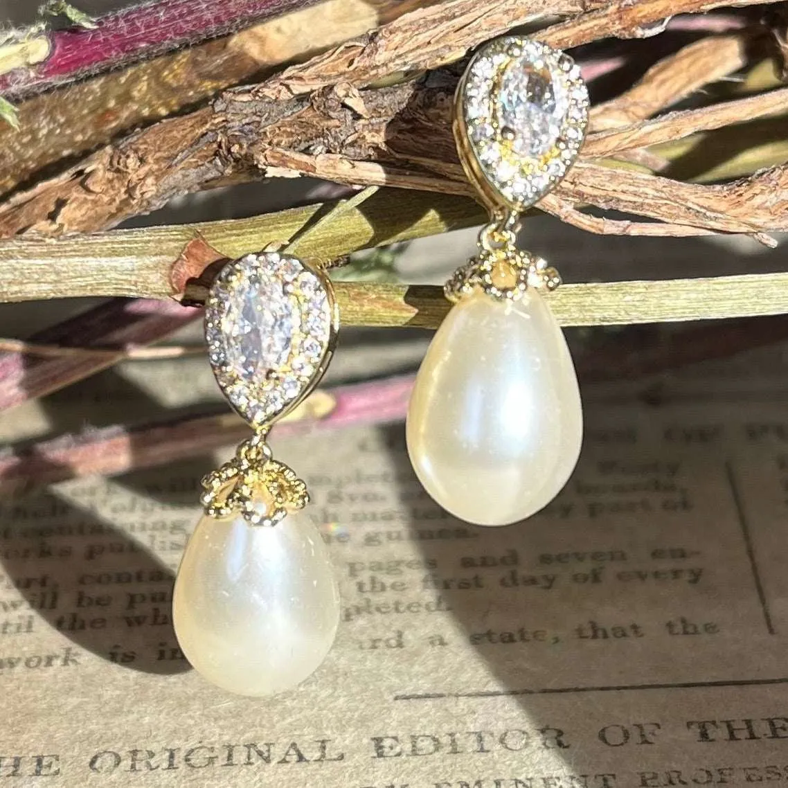 Christine, Crystal Pearl Drop Earrings in Gold