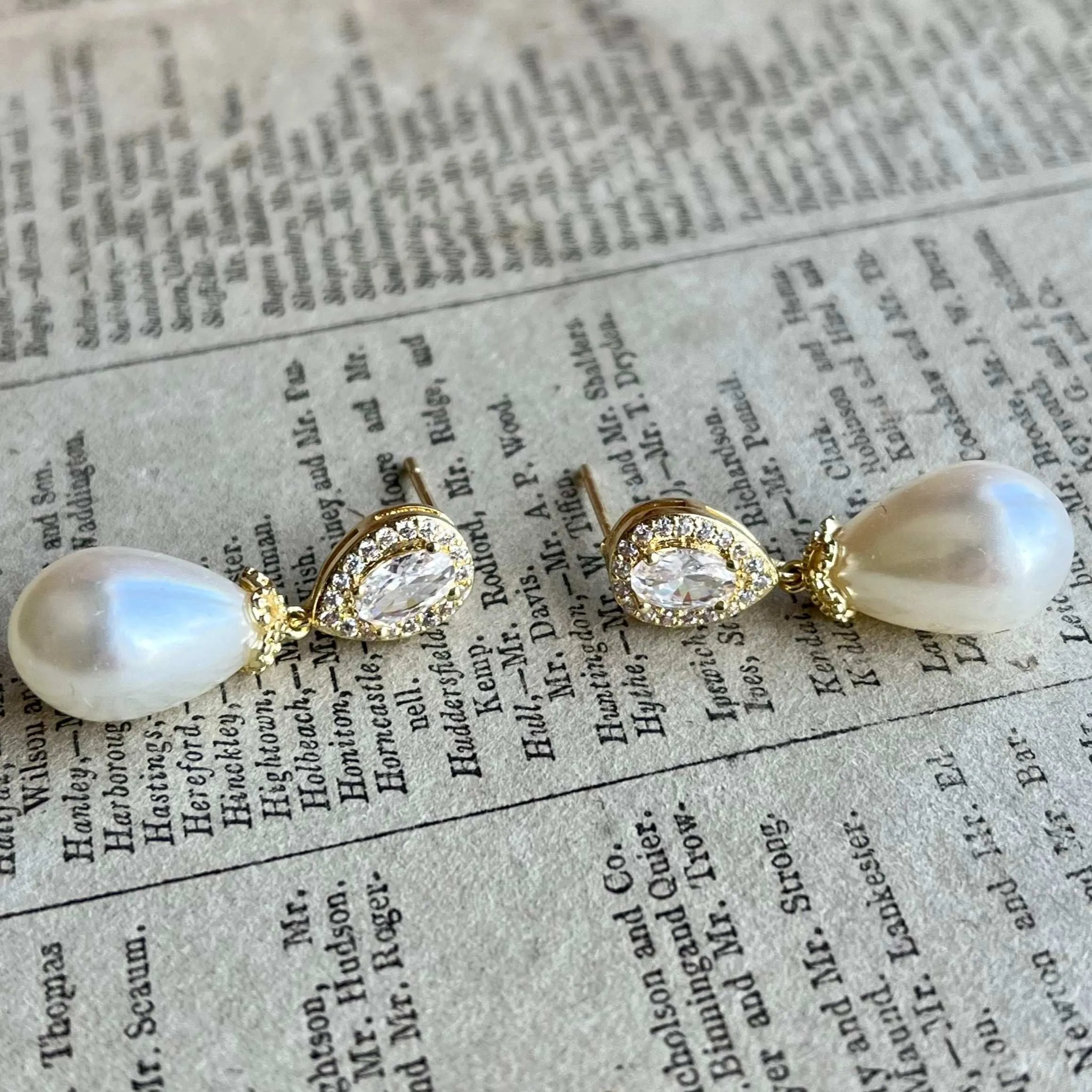 Christine, Crystal Pearl Drop Earrings in Gold