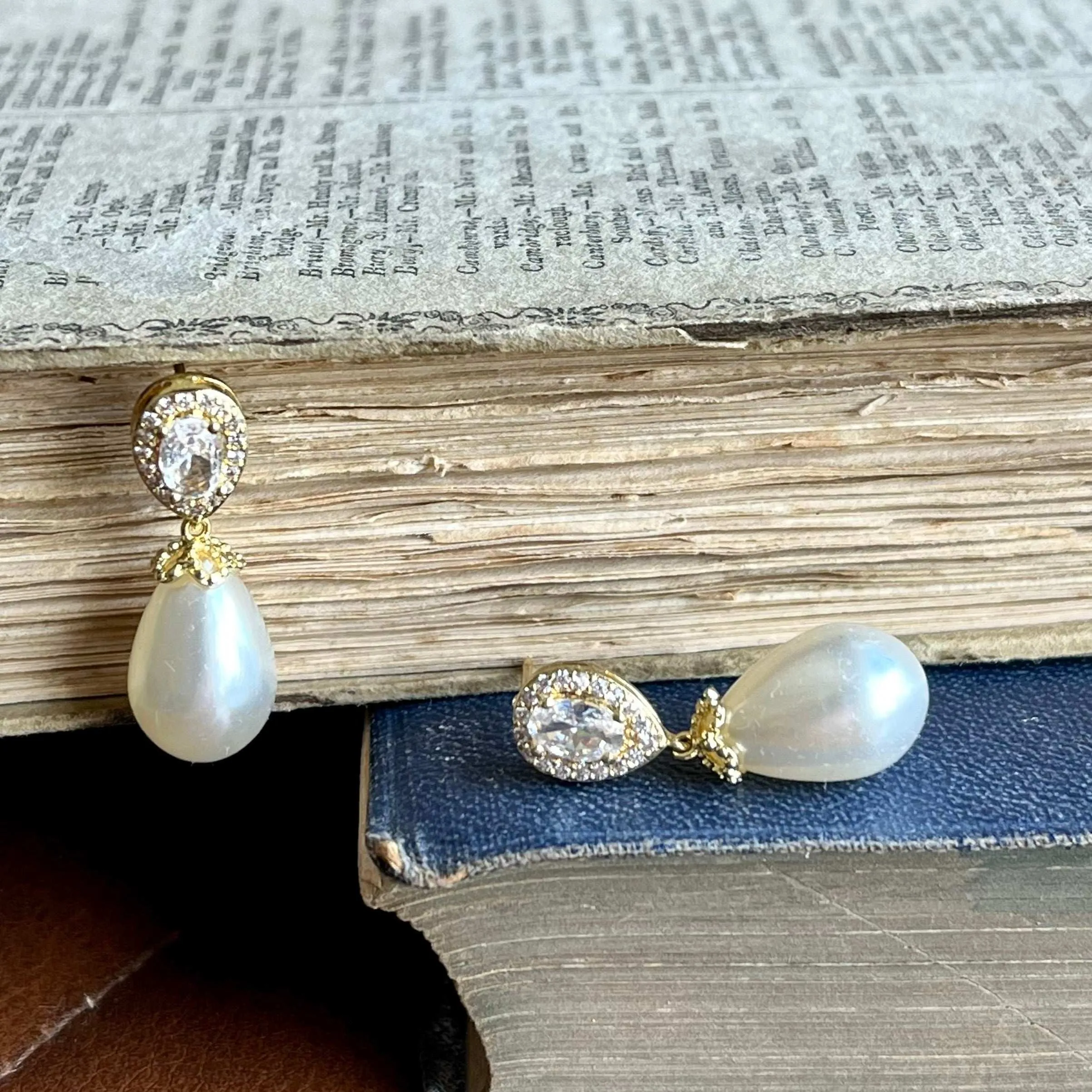 Christine, Crystal Pearl Drop Earrings in Gold