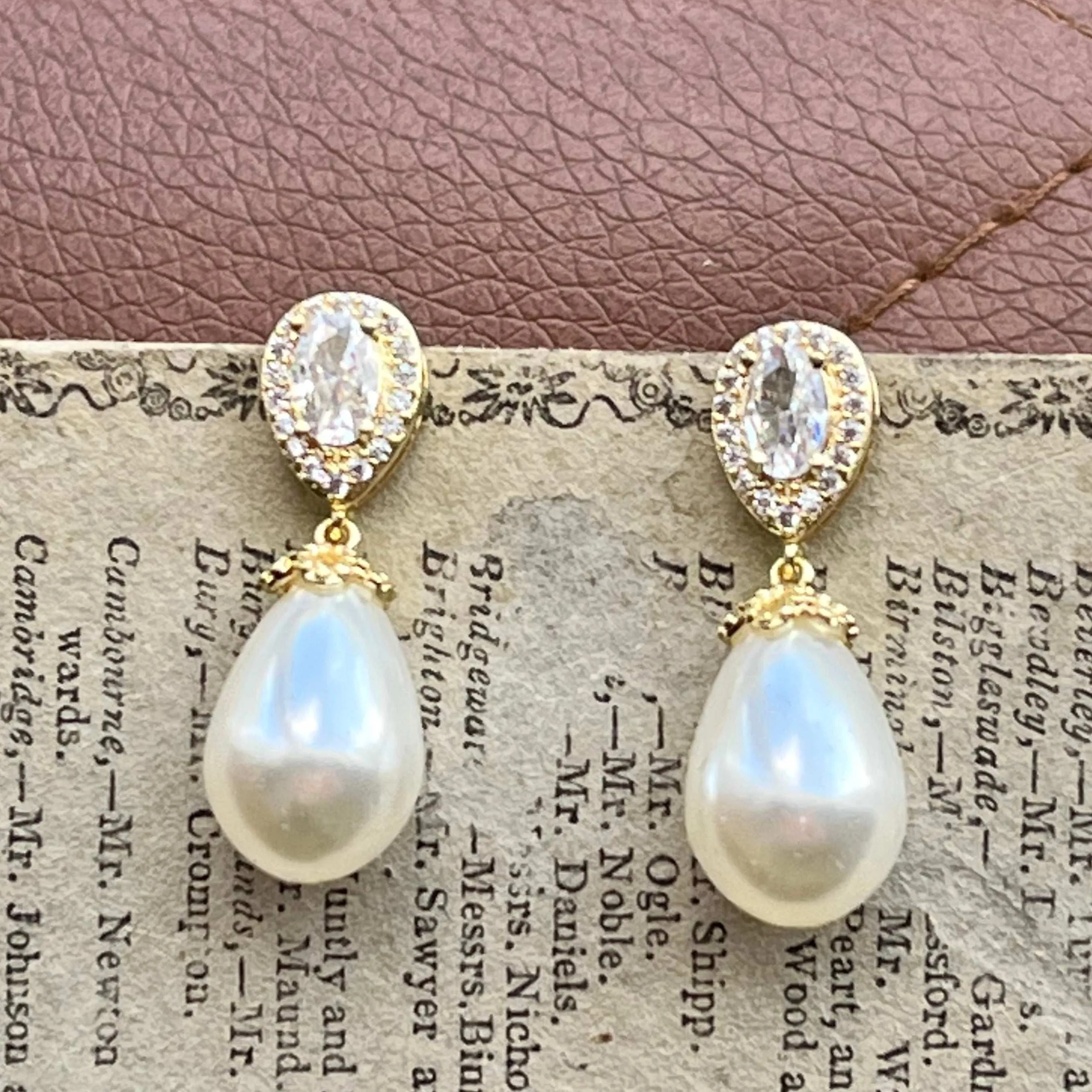 Christine, Crystal Pearl Drop Earrings in Gold