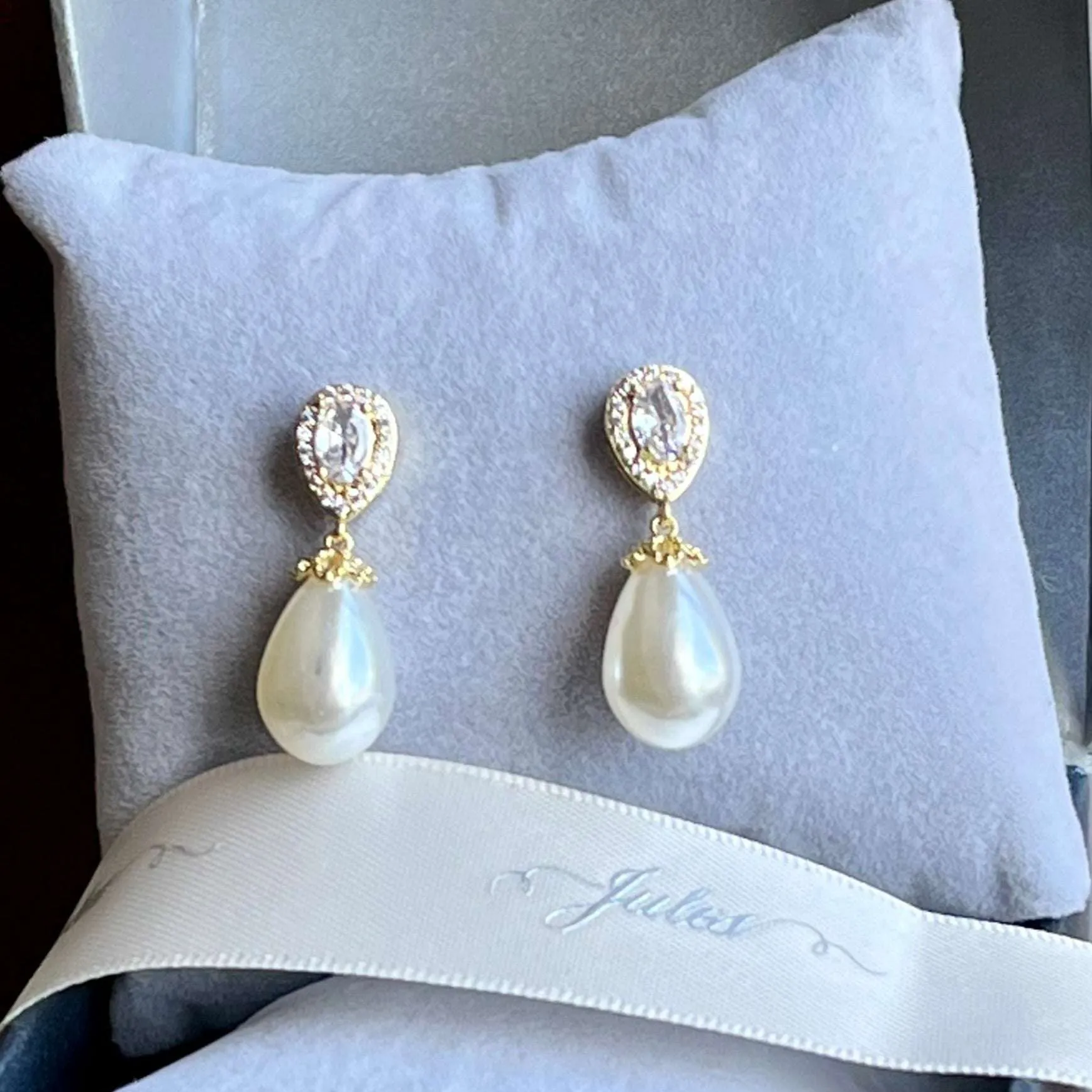 Christine, Crystal Pearl Drop Earrings in Gold