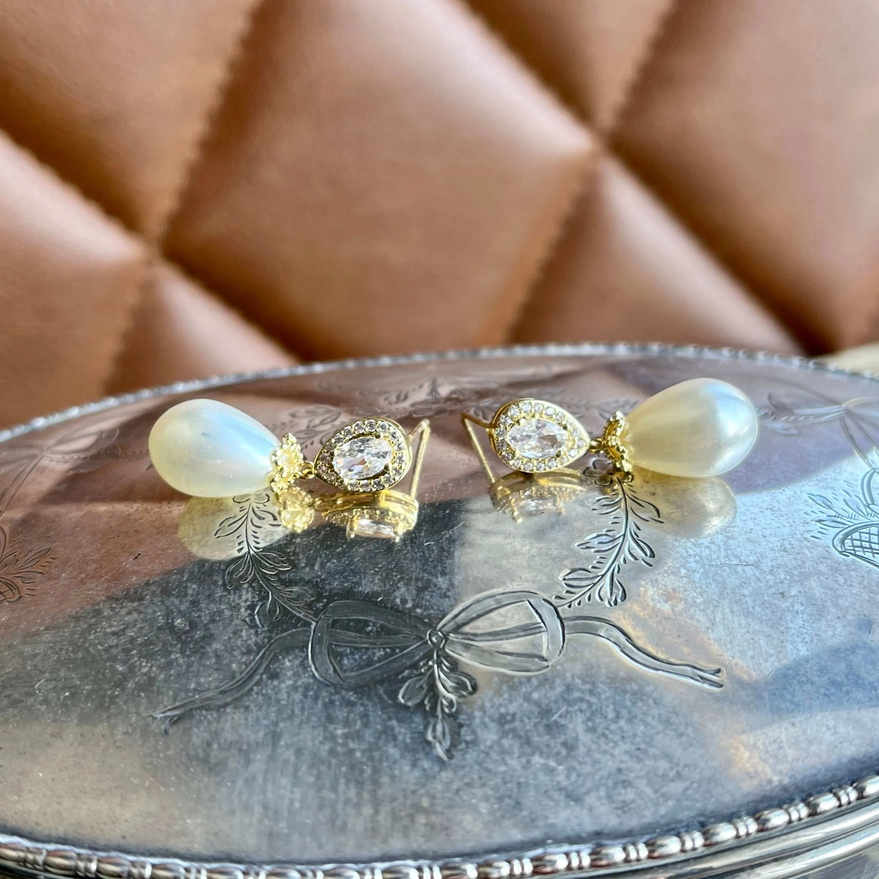 Christine, Crystal Pearl Drop Earrings in Gold