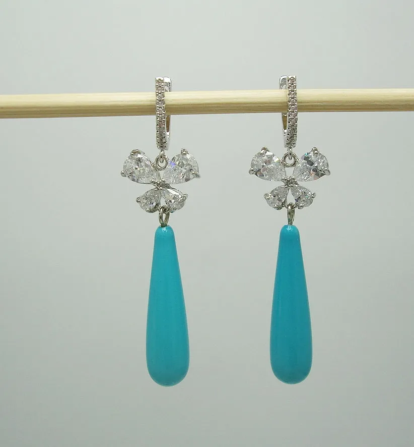 Earrings Turquoise Shell Pearl Teardrop with Cubic Zirconia  Dangle Earrings.