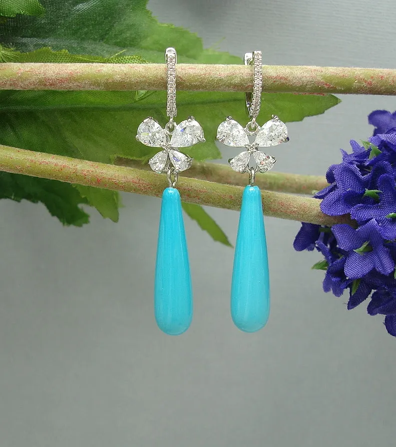 Earrings Turquoise Shell Pearl Teardrop with Cubic Zirconia  Dangle Earrings.