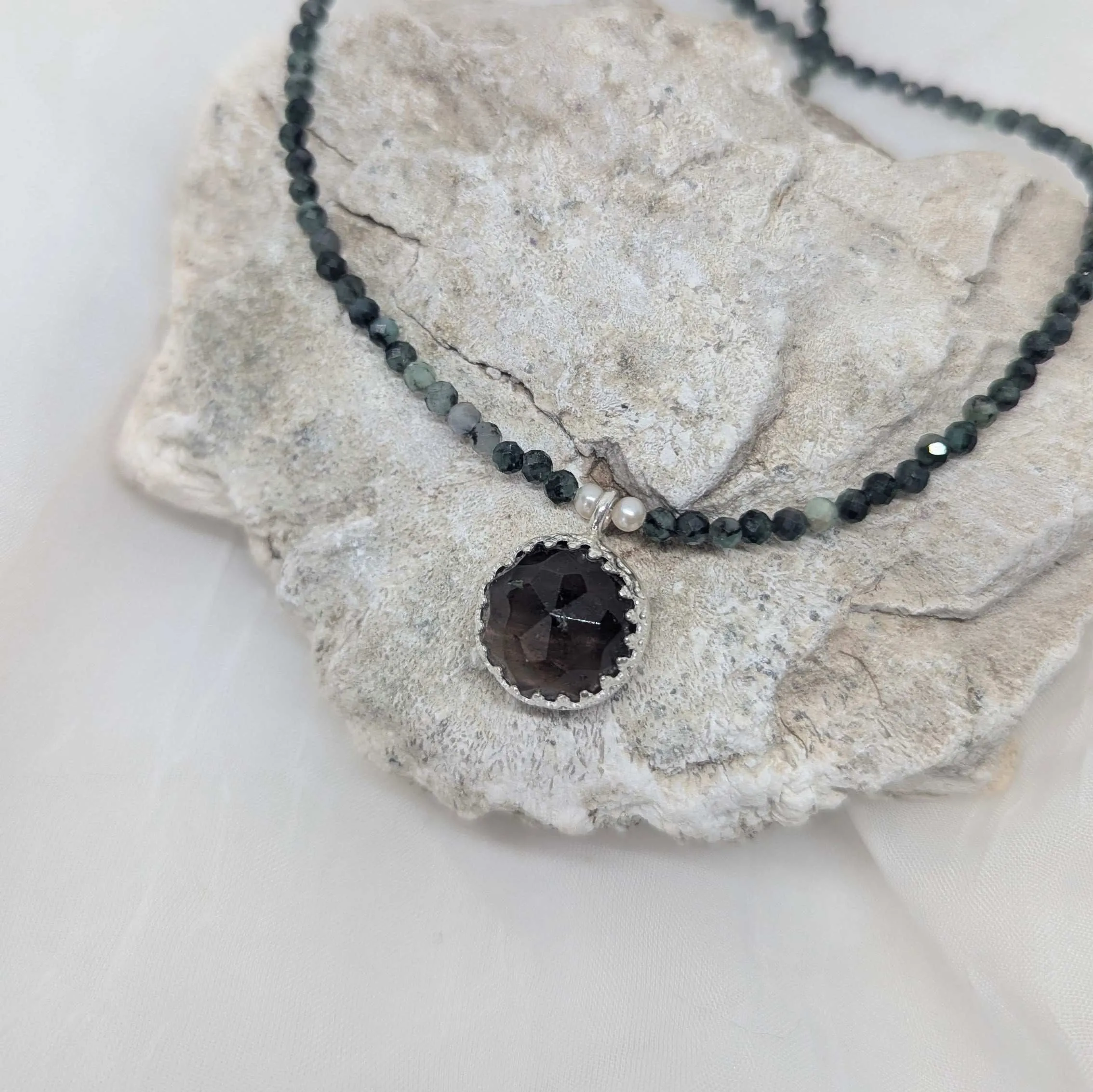 Emerald beads and smoky quartz necklace