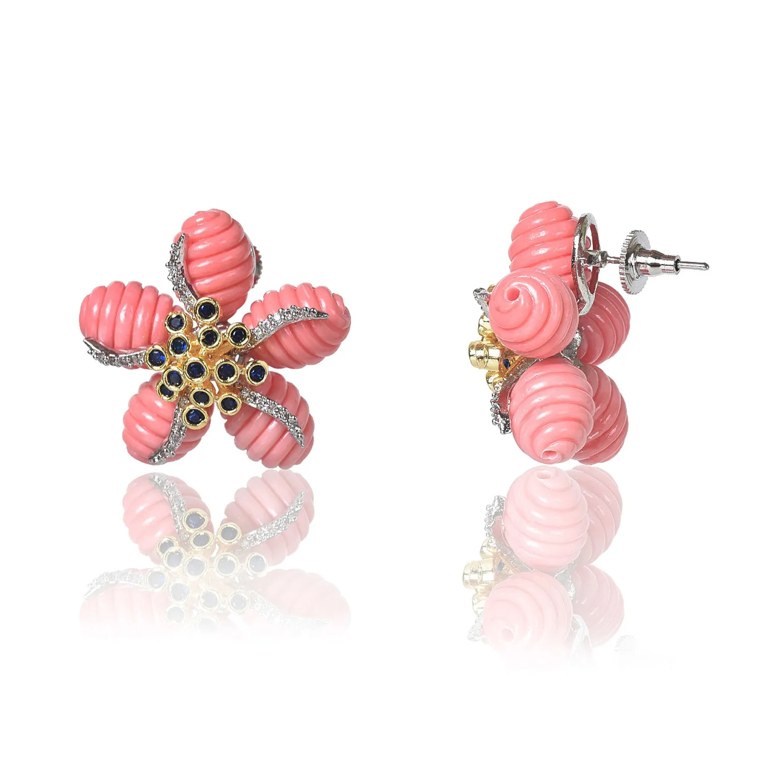 Flower coral and blue tops earrings