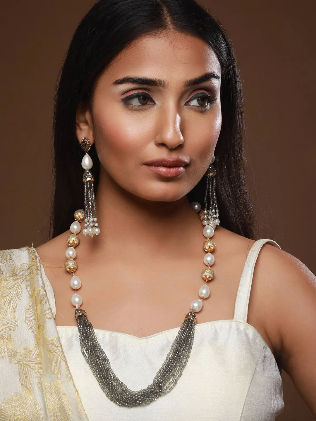 Gold-Plated Beaded Necklace And Earrings Set
