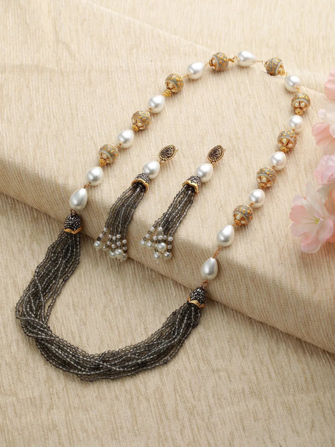 Gold-Plated Beaded Necklace And Earrings Set