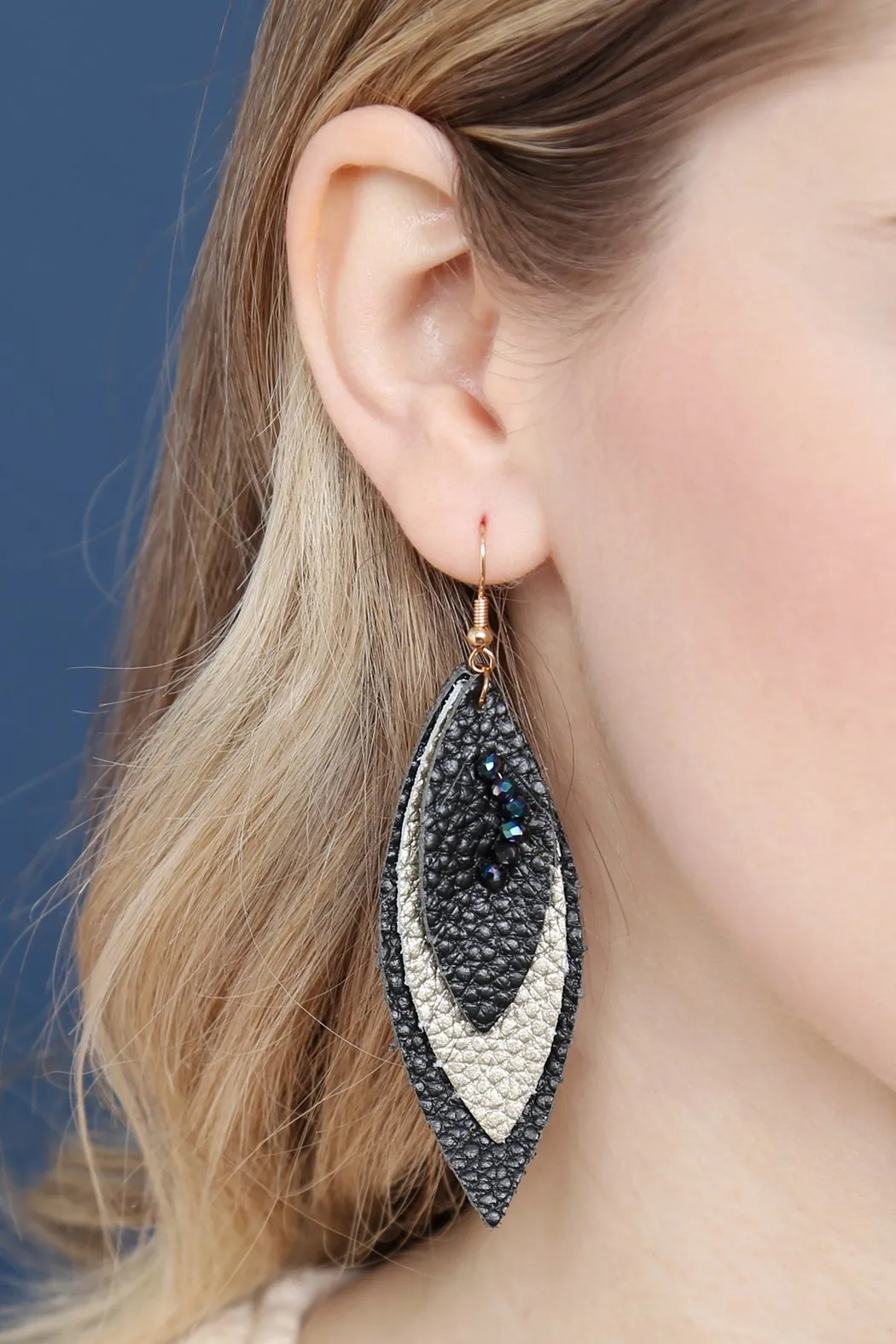 Hde2235 - Three Layer Fringe Leather Marquise Earrings
