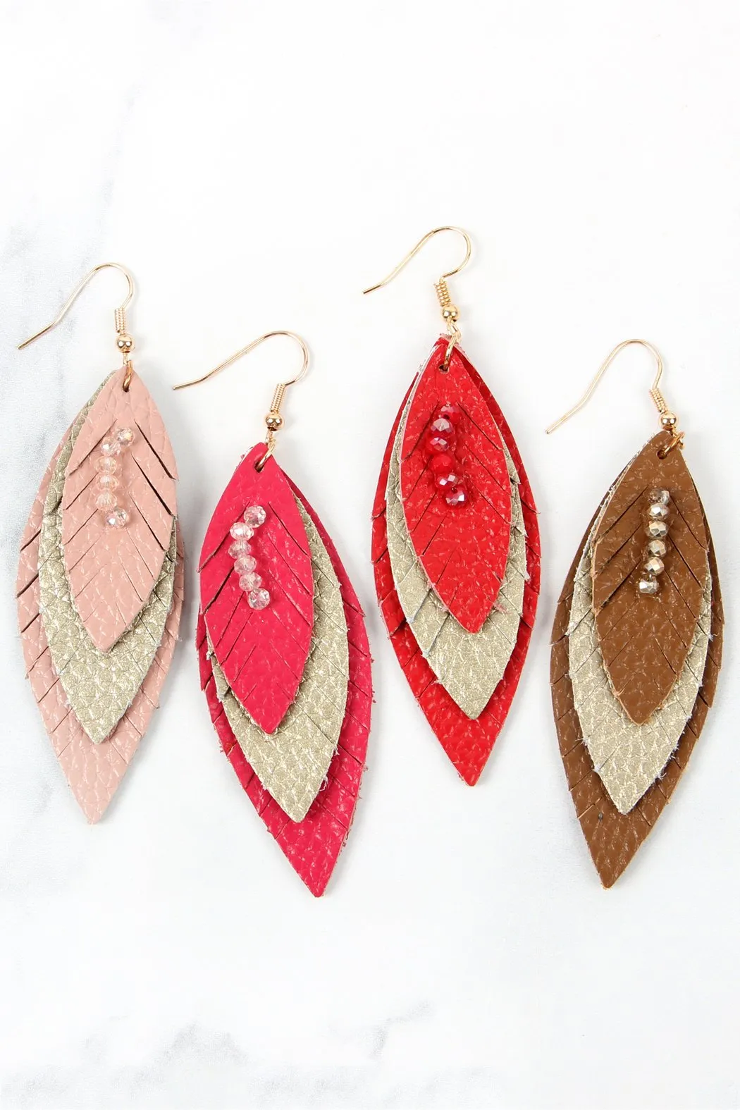 Hde2235 - Three Layer Fringe Leather Marquise Earrings