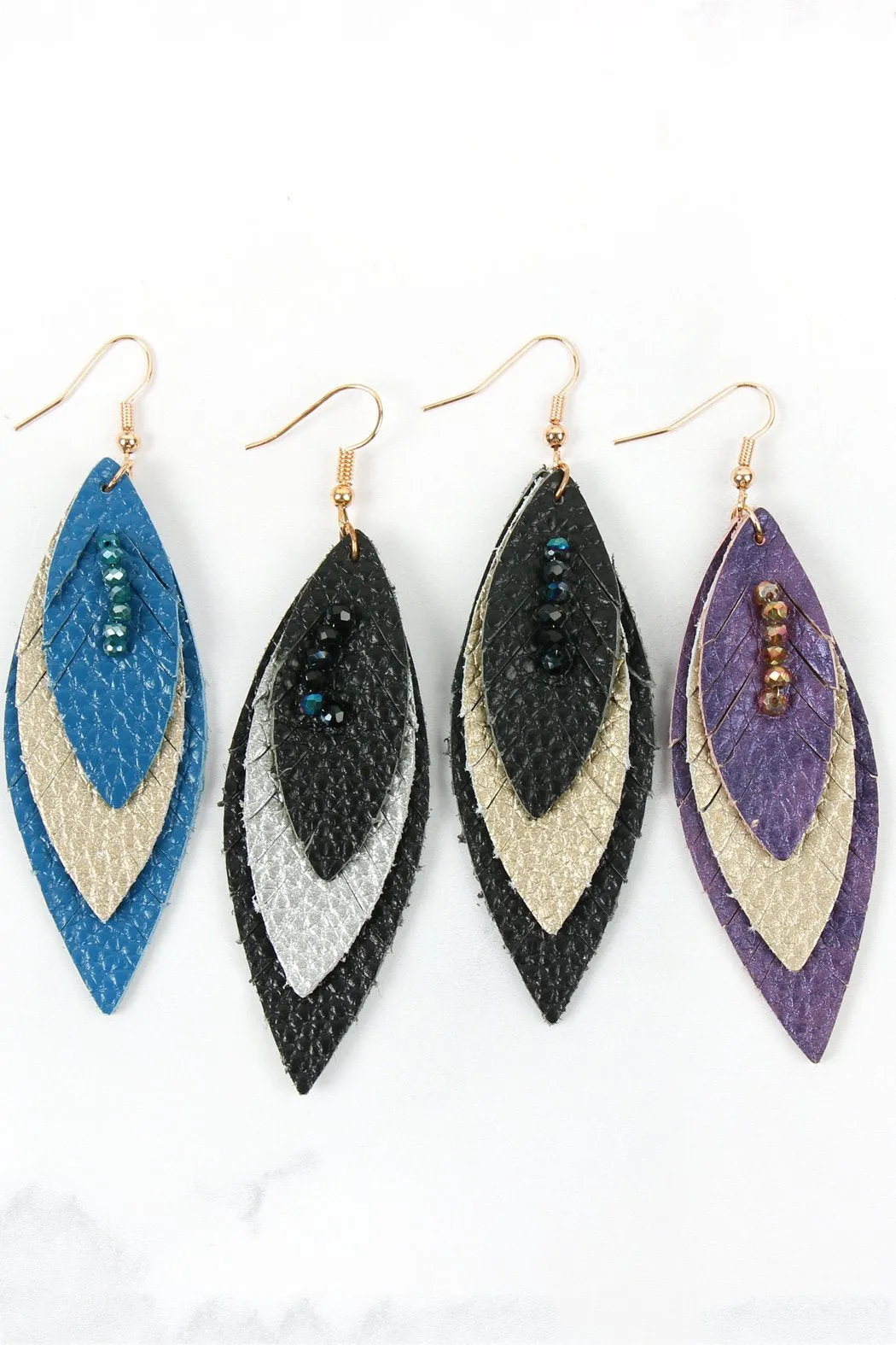 Hde2235 - Three Layer Fringe Leather Marquise Earrings
