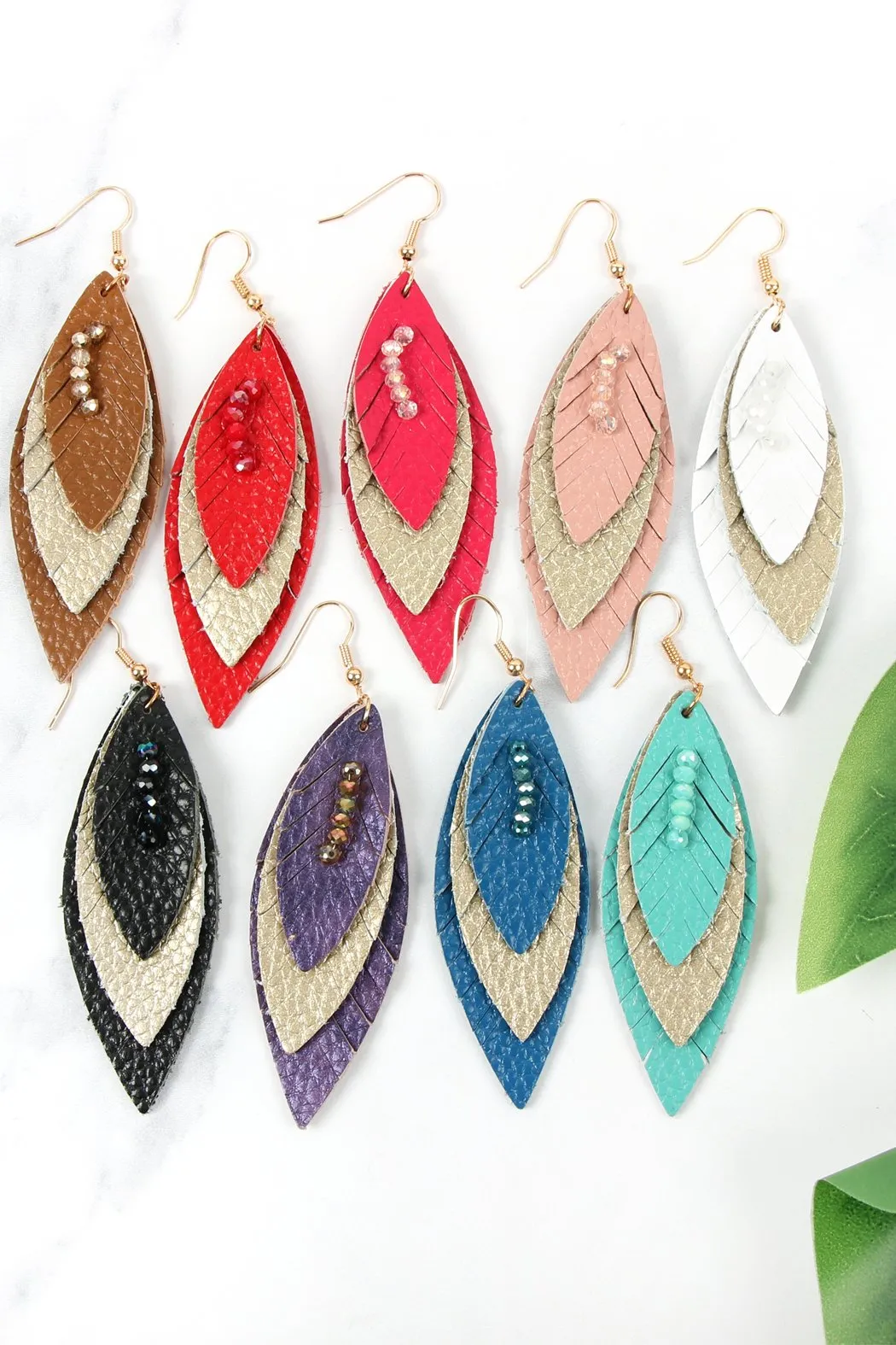 Hde2235 - Three Layer Fringe Leather Marquise Earrings