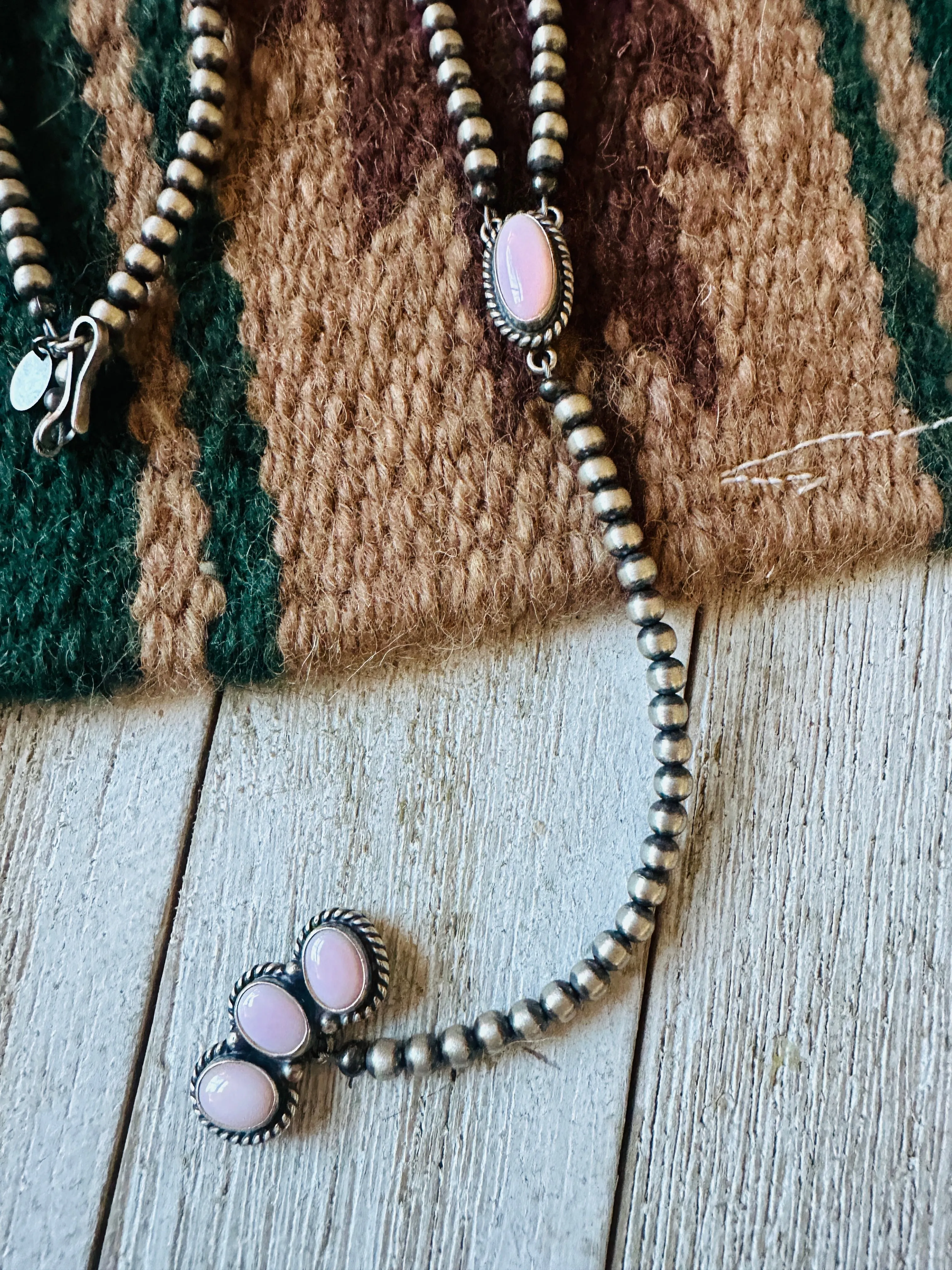 Navajo Queen Pink Conch & Sterling Silver Pearl Beaded Lariat Necklace