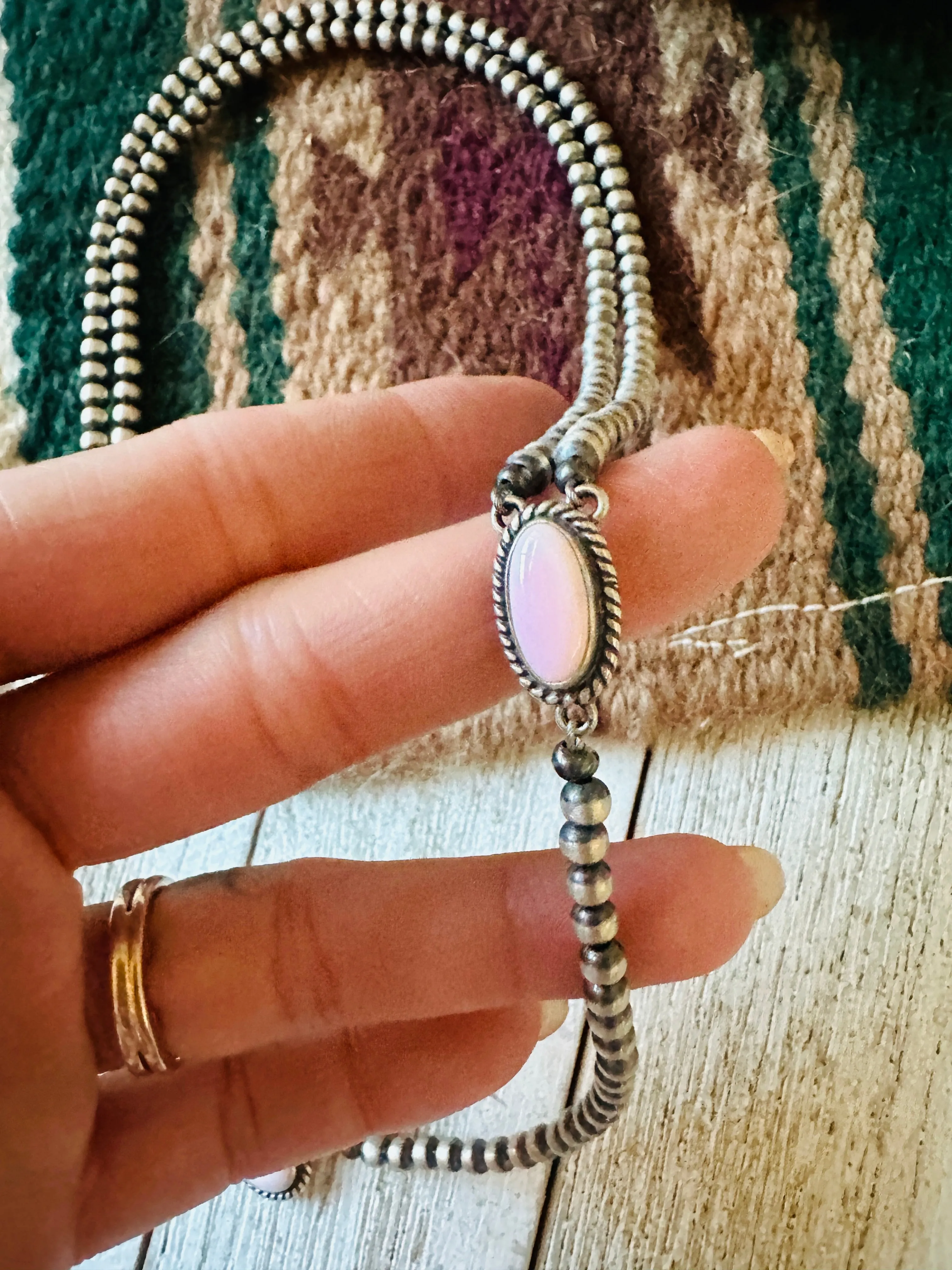 Navajo Queen Pink Conch & Sterling Silver Pearl Beaded Lariat Necklace