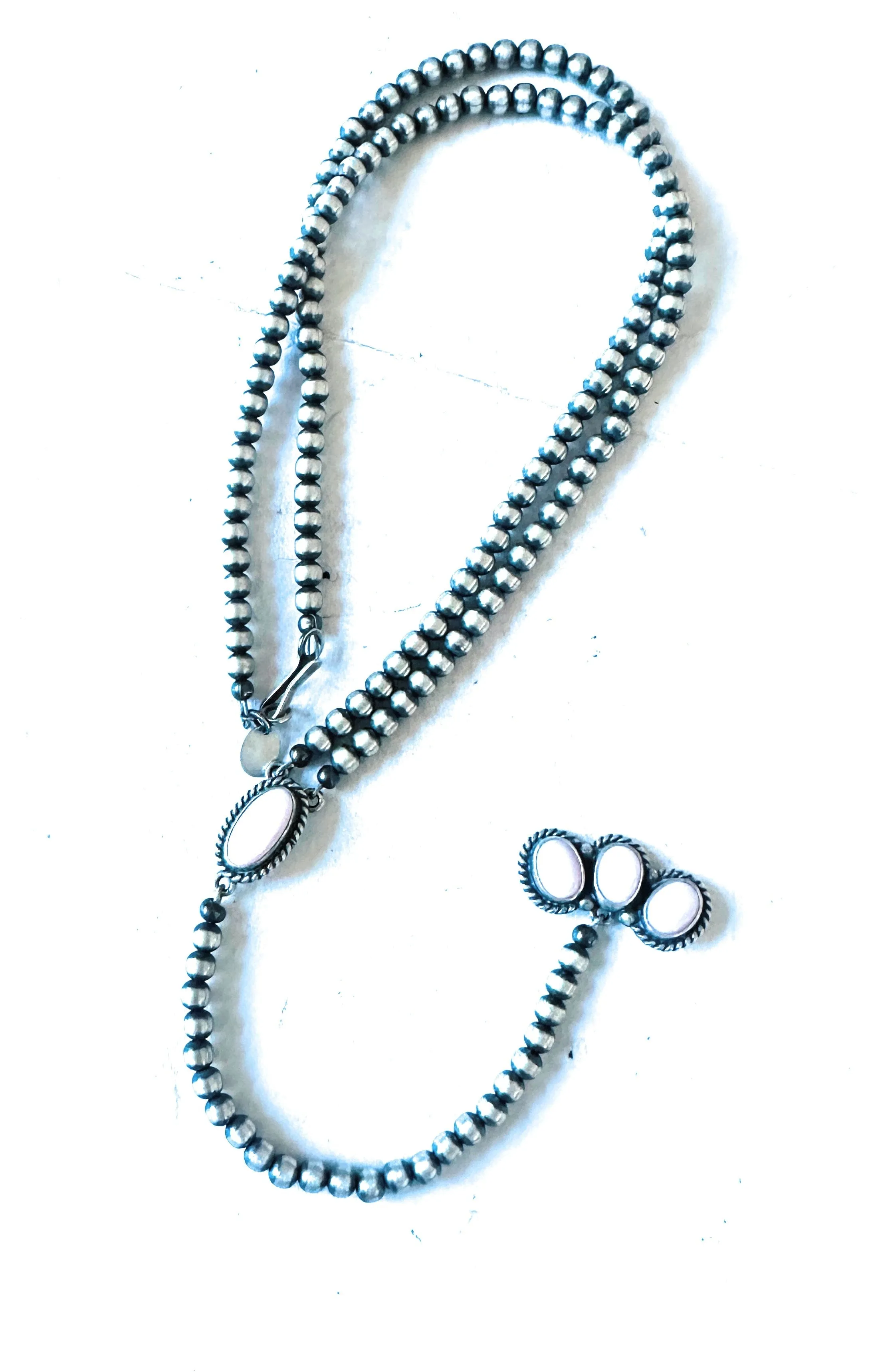 Navajo Queen Pink Conch & Sterling Silver Pearl Beaded Lariat Necklace
