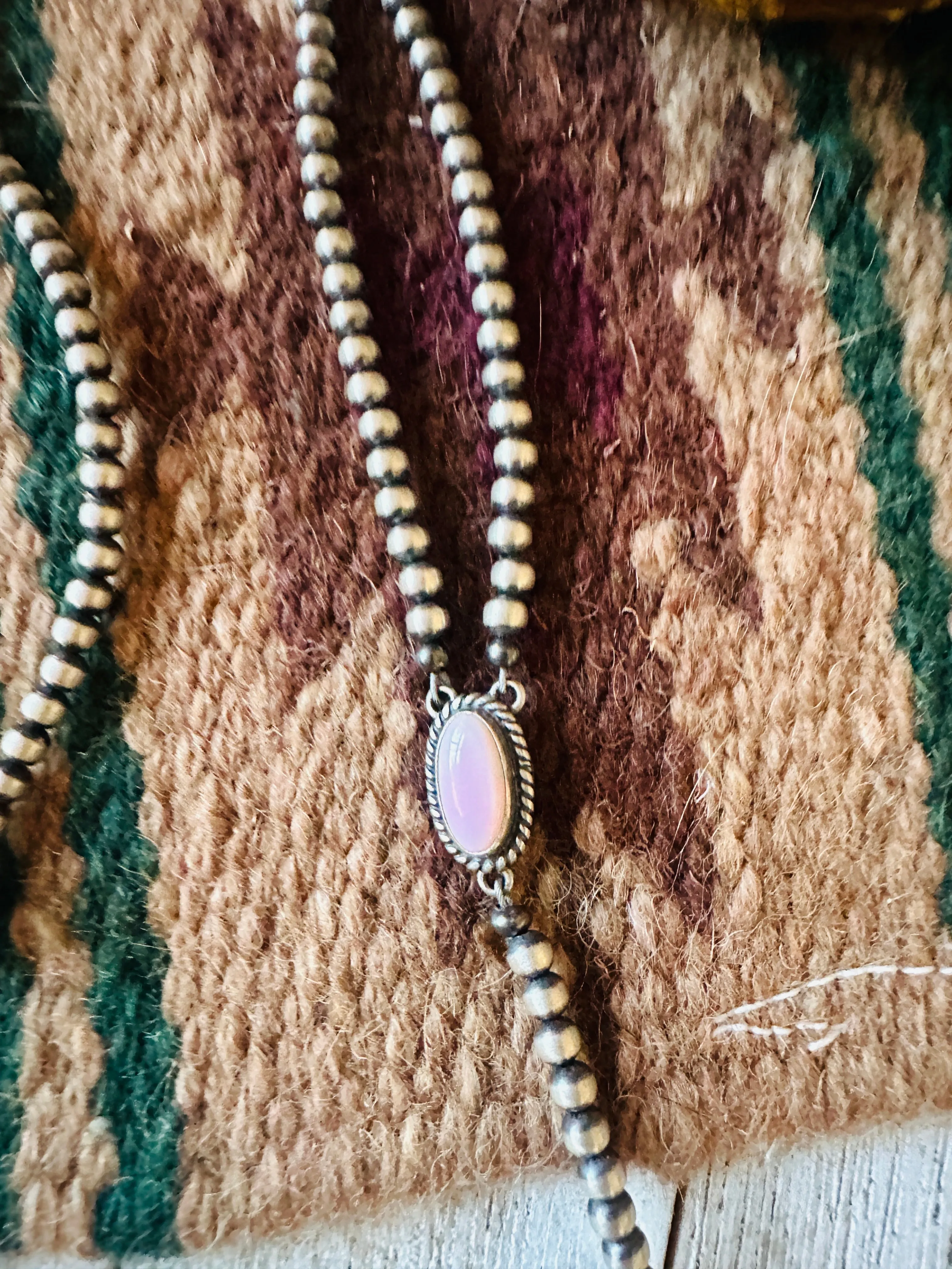 Navajo Queen Pink Conch & Sterling Silver Pearl Beaded Lariat Necklace
