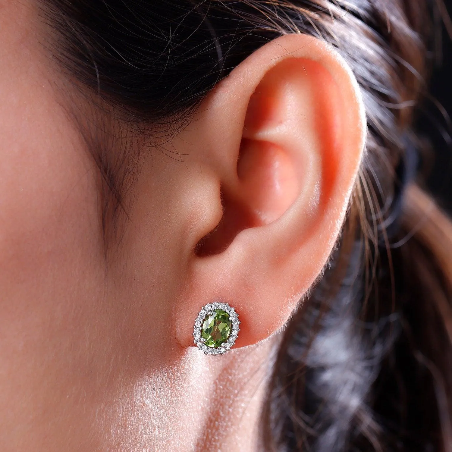 Peridot Studs, August birthstone earrings, 925 Silver Stud , Halo Stud Earring, Oval Studs, Halo Earrings , Halo Bridal Studs