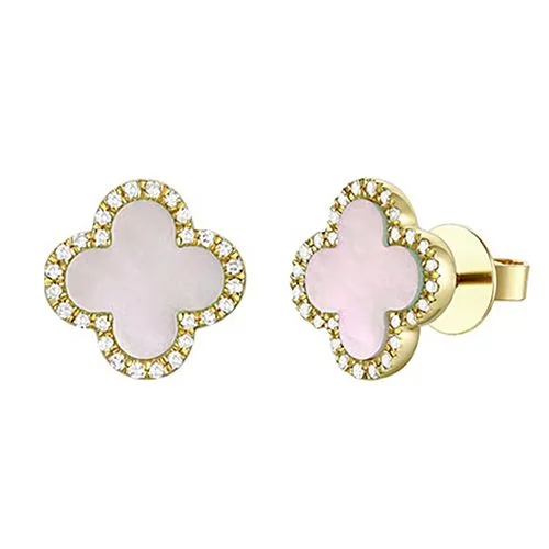Pink Mother of Pearl & Diamond Clover Studs 9mm