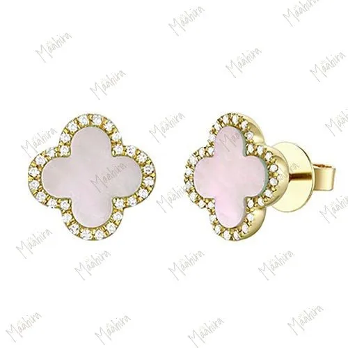 Pink Mother of Pearl & Diamond Clover Studs 9mm