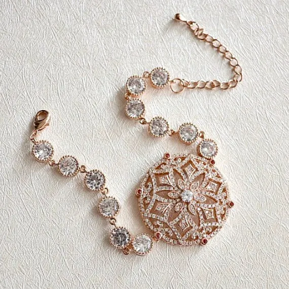 Rose Gold Micro Pave CZ Crystal Bridal Bracelet. Rose Gold Art Deco Wedding Bracelet. Vintage Style Wedding Bracelet. Blush Wedding.