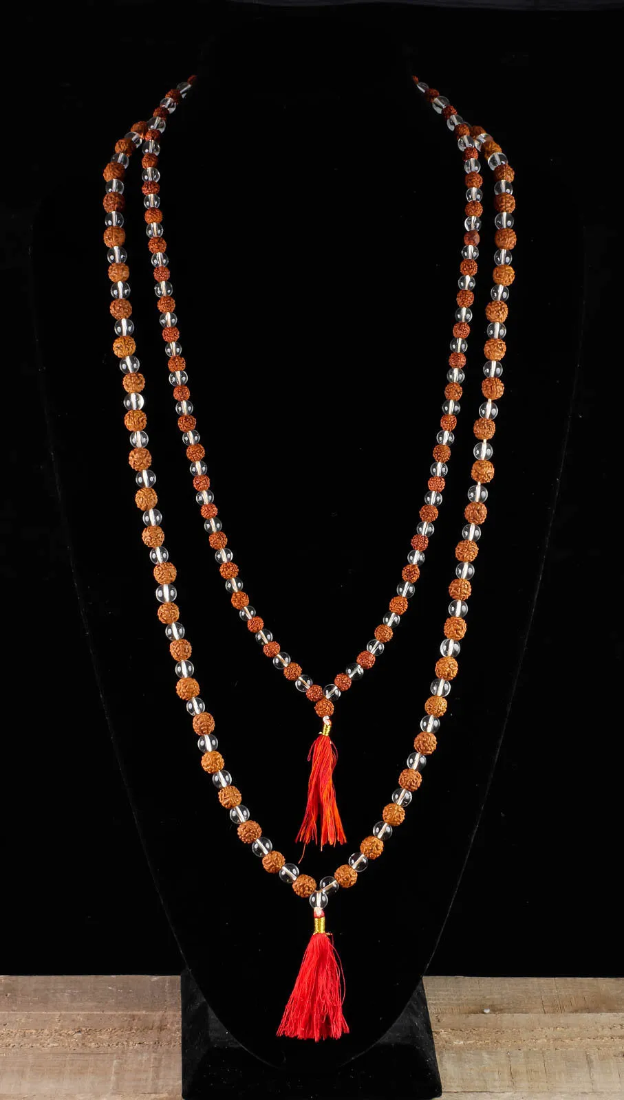 RUDRAKSHA & CLEAR QUARTZ Crystal Necklace, Mala - Handmade Jewelry, Beaded Necklace, Healing Crystals and Stones,  E0432