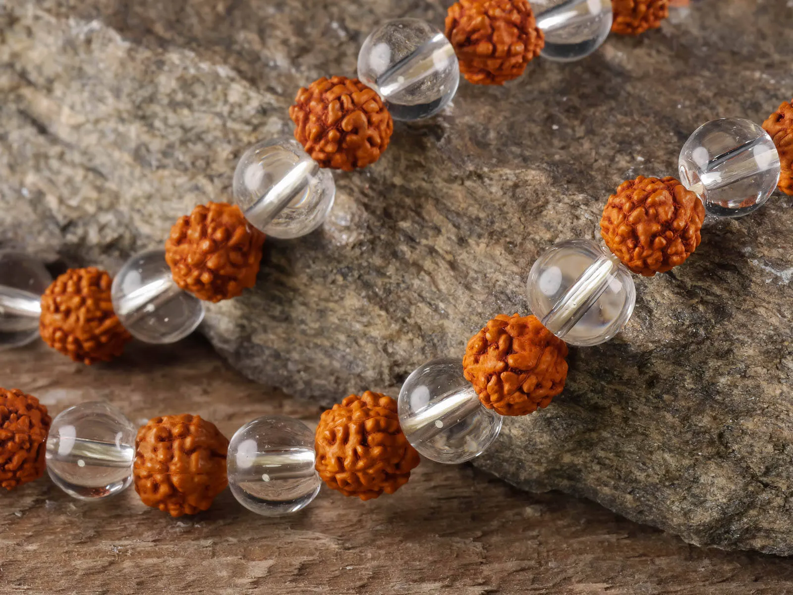 RUDRAKSHA & CLEAR QUARTZ Crystal Necklace, Mala - Handmade Jewelry, Beaded Necklace, Healing Crystals and Stones,  E0432