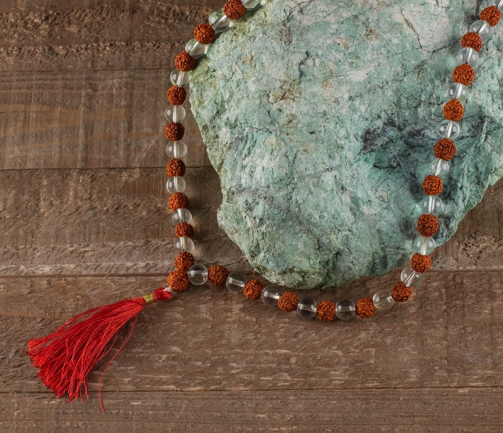 RUDRAKSHA & CLEAR QUARTZ Crystal Necklace, Mala - Handmade Jewelry, Beaded Necklace, Healing Crystals and Stones,  E0432