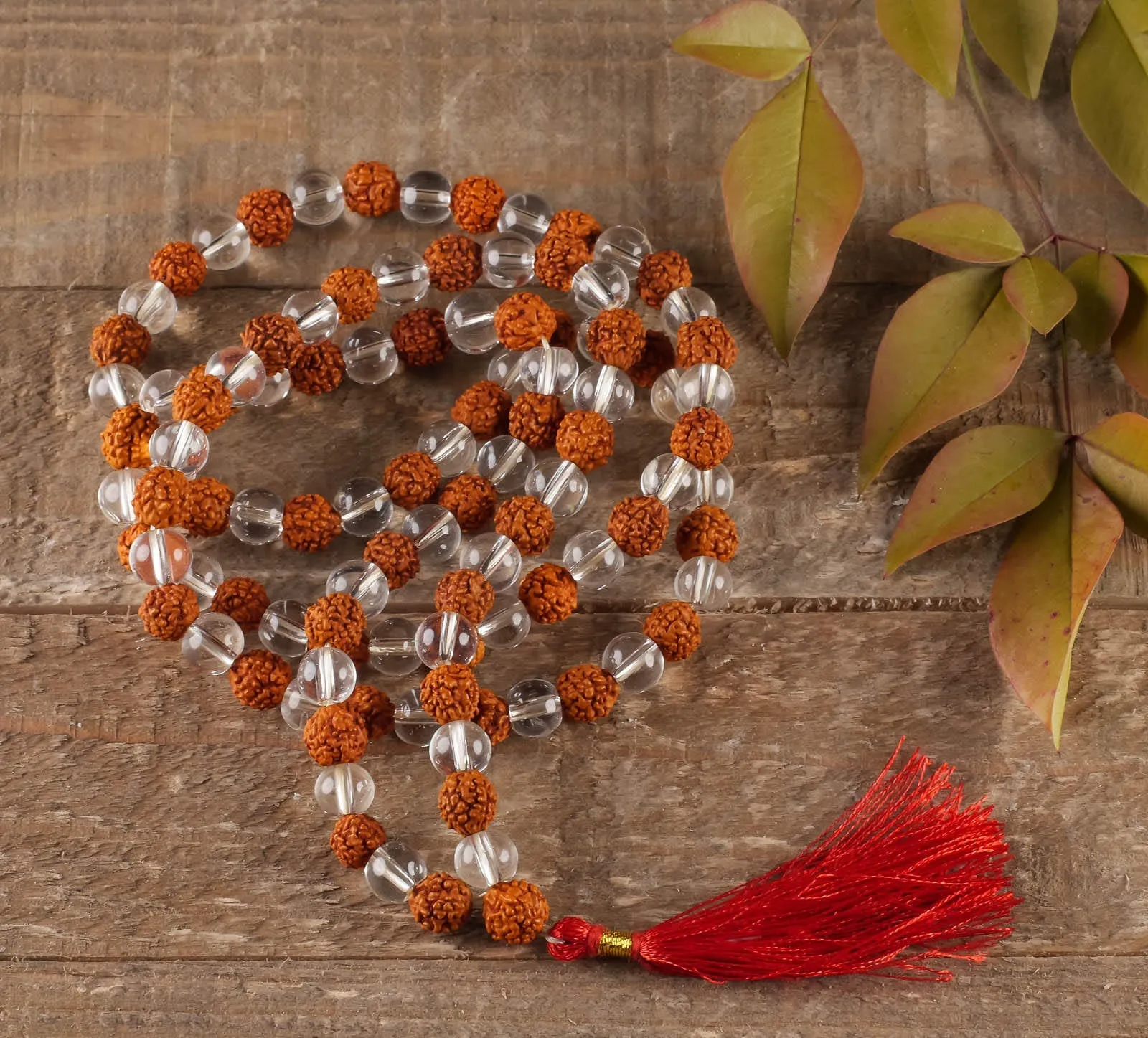 RUDRAKSHA & CLEAR QUARTZ Crystal Necklace, Mala - Handmade Jewelry, Beaded Necklace, Healing Crystals and Stones,  E0432