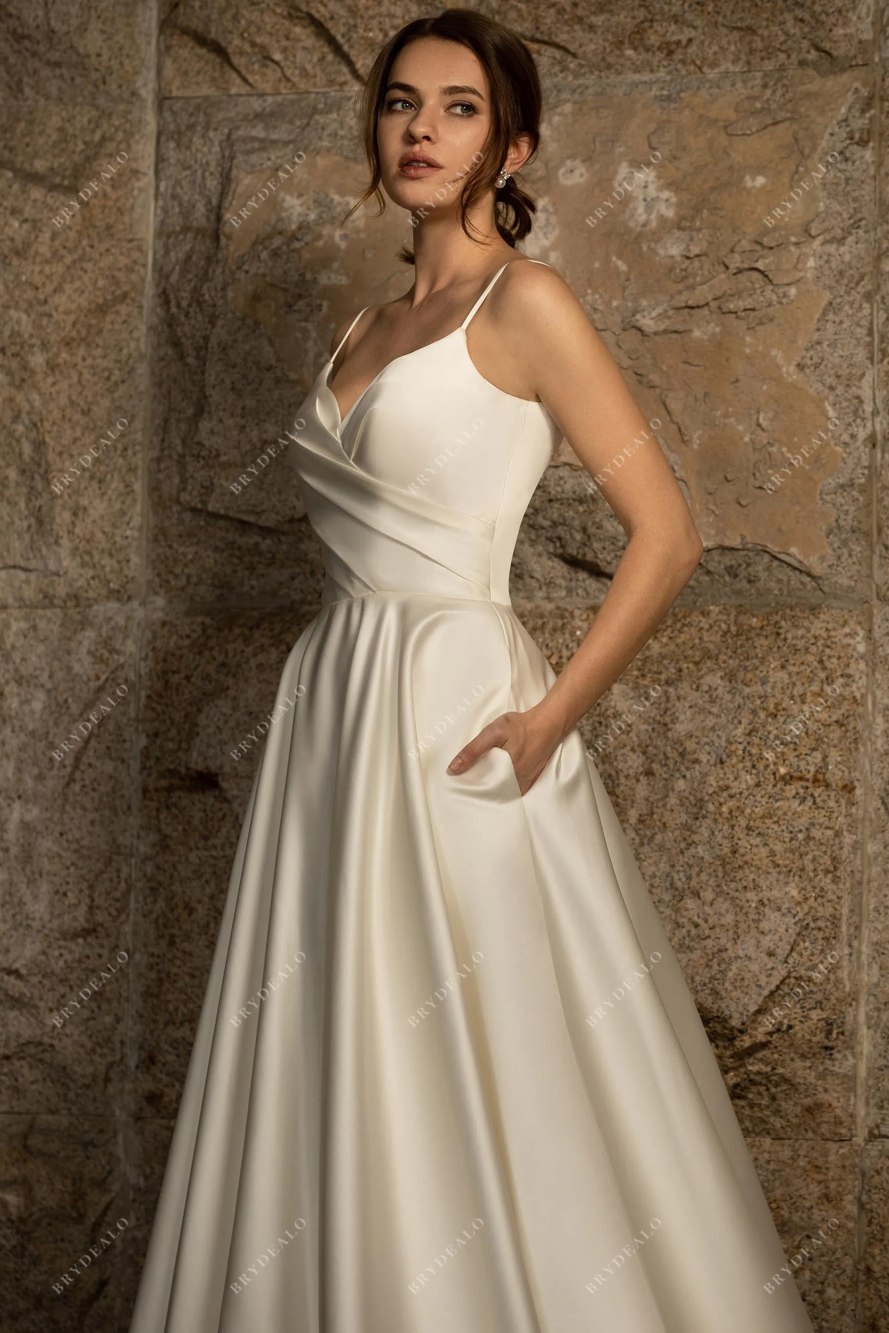Satin Bridal Gown with Pleated Spaghetti Strap and Ball Gown Skirt