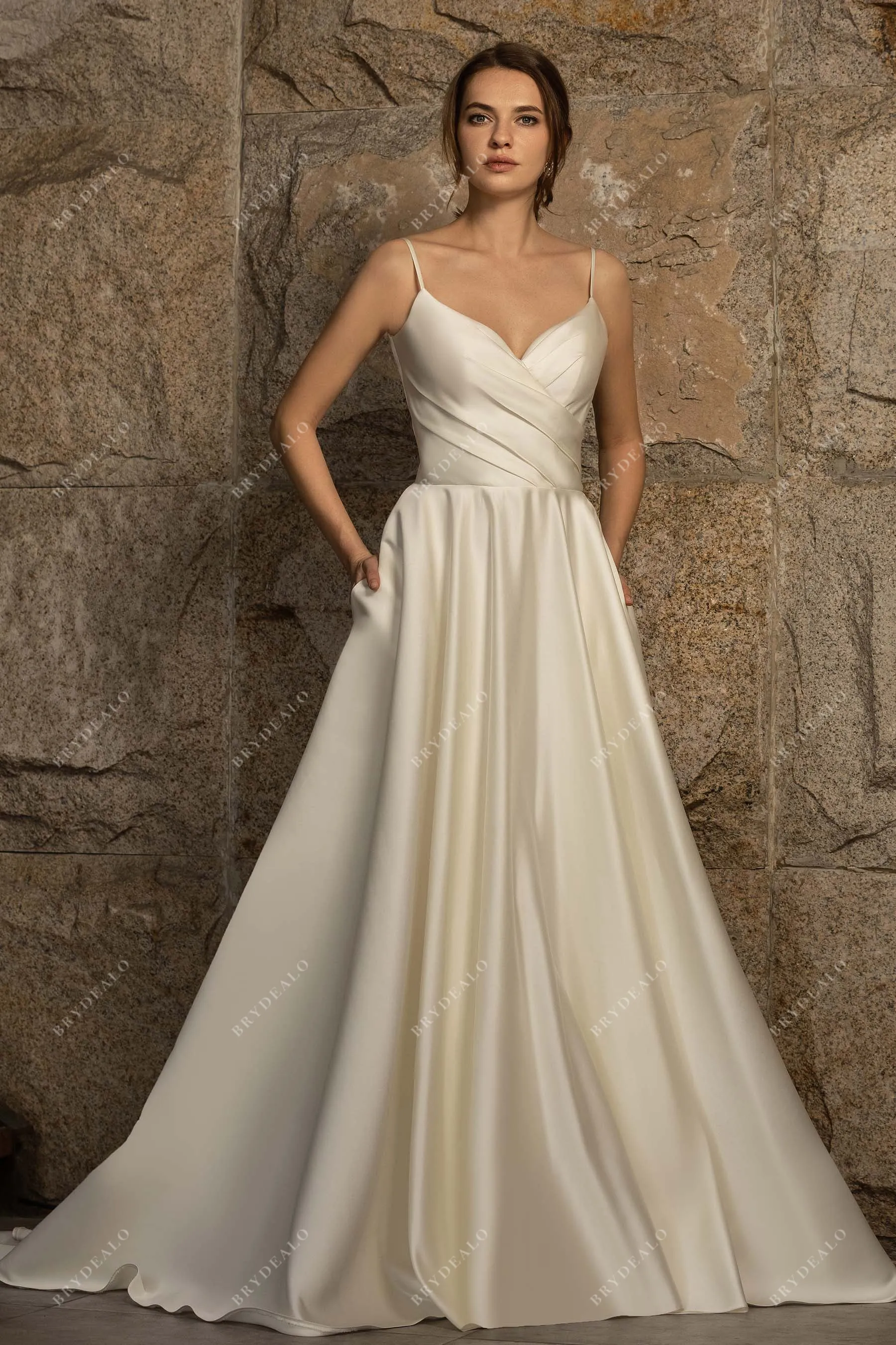 Satin Bridal Gown with Pleated Spaghetti Strap and Ball Gown Skirt