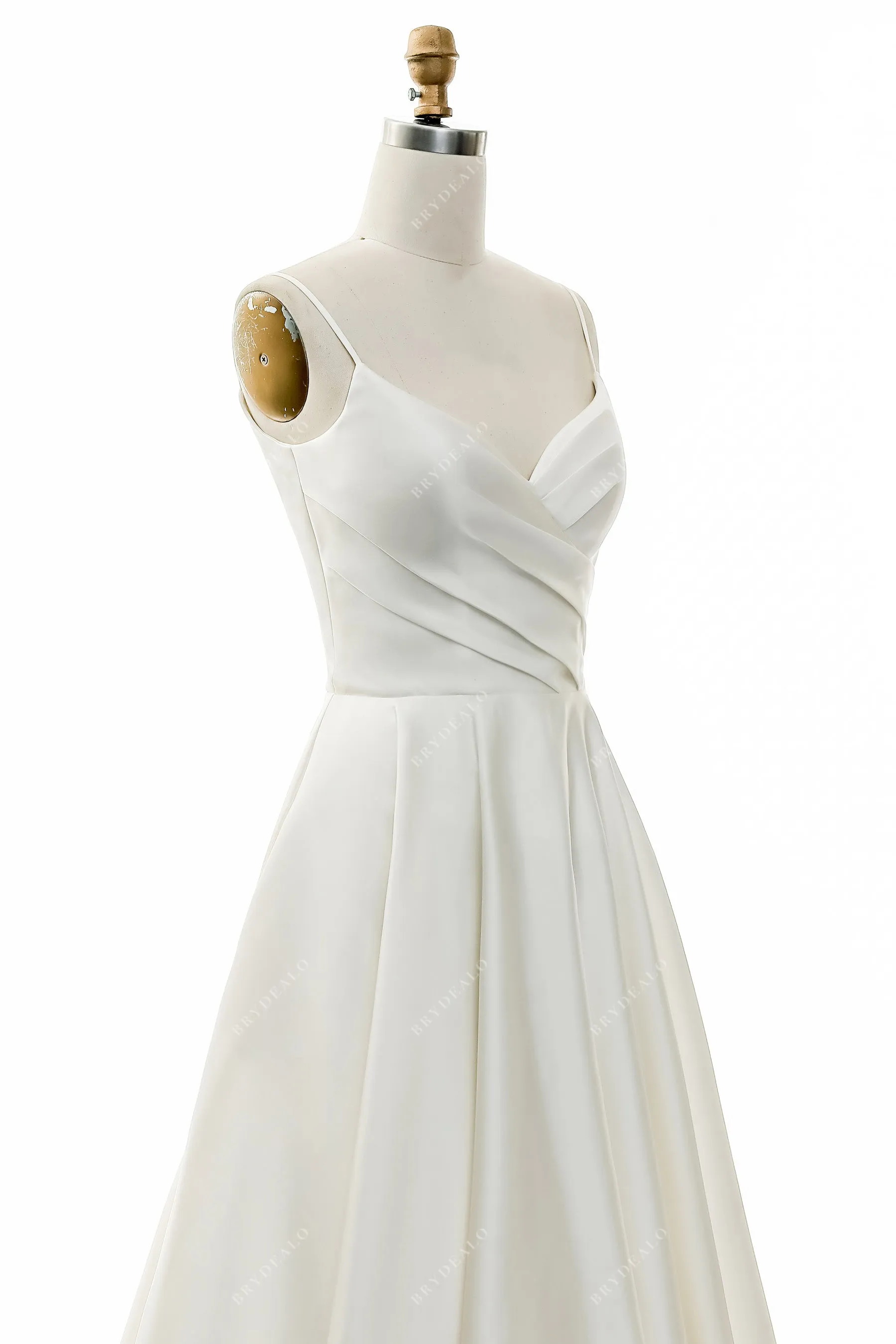Satin Bridal Gown with Pleated Spaghetti Strap and Ball Gown Skirt
