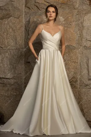 Satin Bridal Gown with Pleated Spaghetti Strap and Ball Gown Skirt