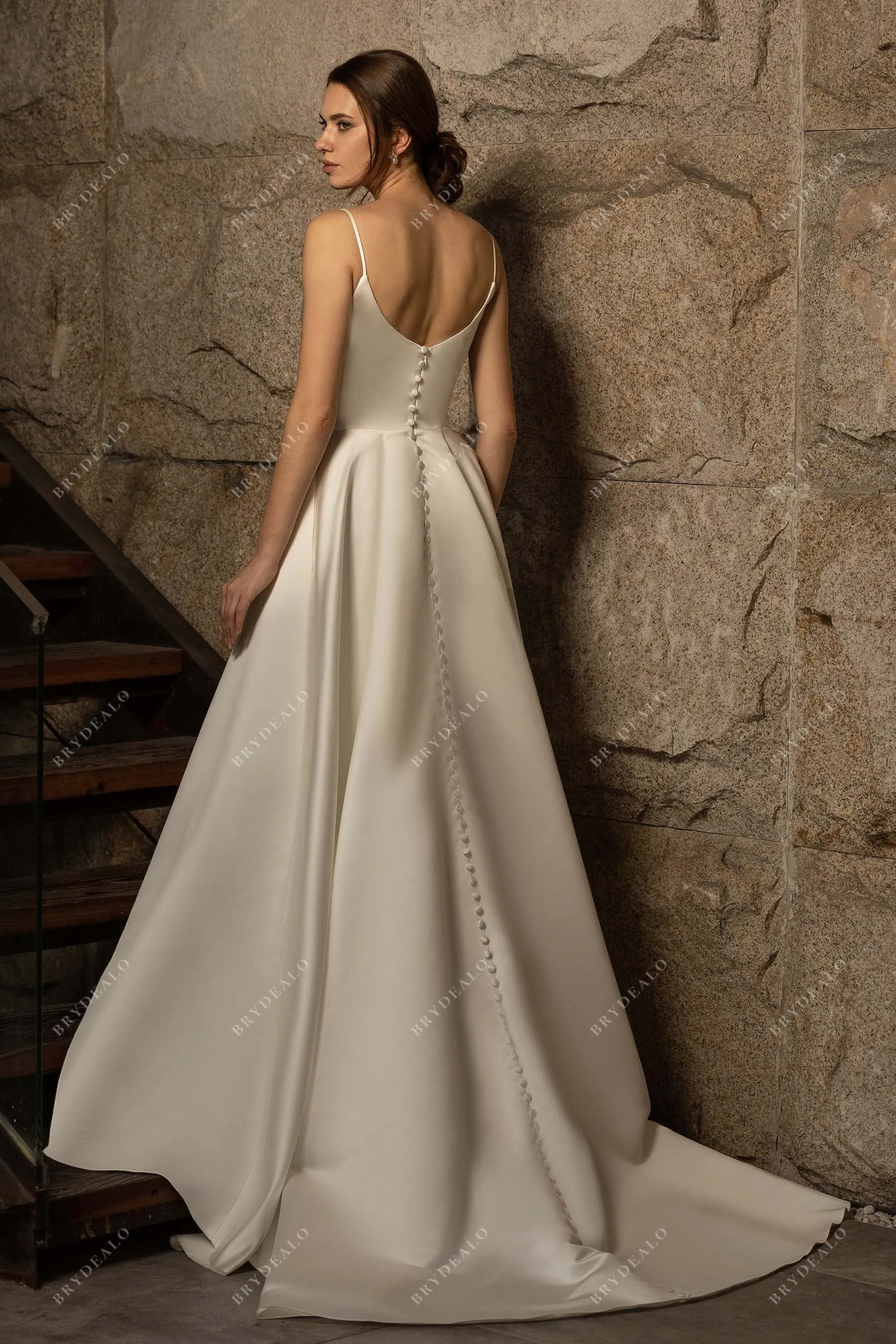 Satin Bridal Gown with Pleated Spaghetti Strap and Ball Gown Skirt