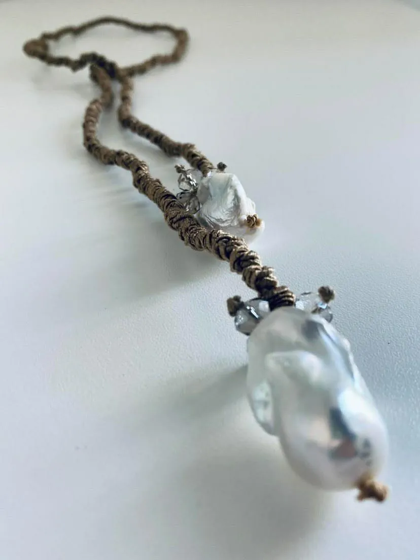Silk Drop Pearl Lariat Necklace With Quartz