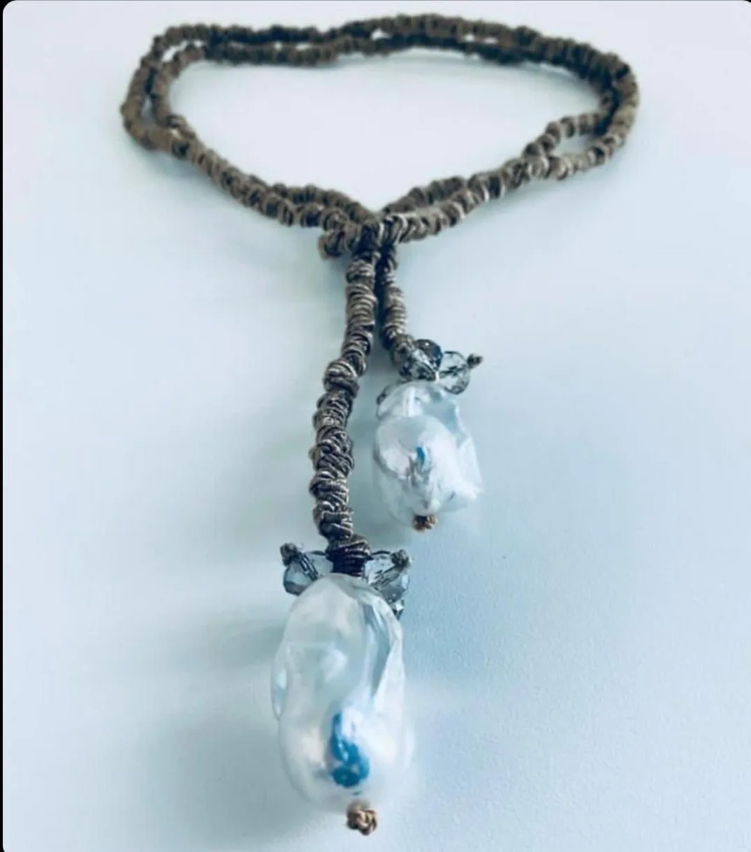 Silk Drop Pearl Lariat Necklace With Quartz
