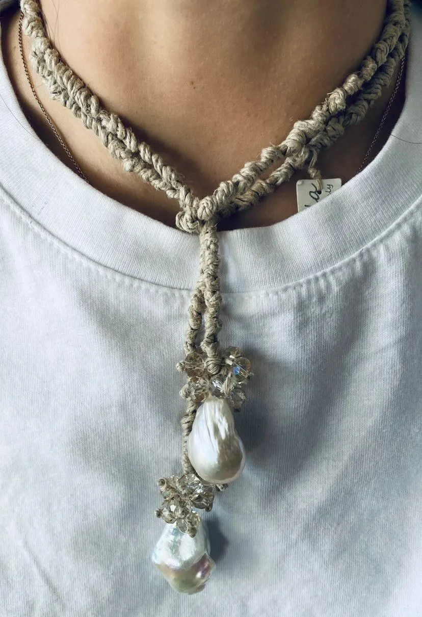 Silk Drop Pearl Lariat Necklace With Quartz